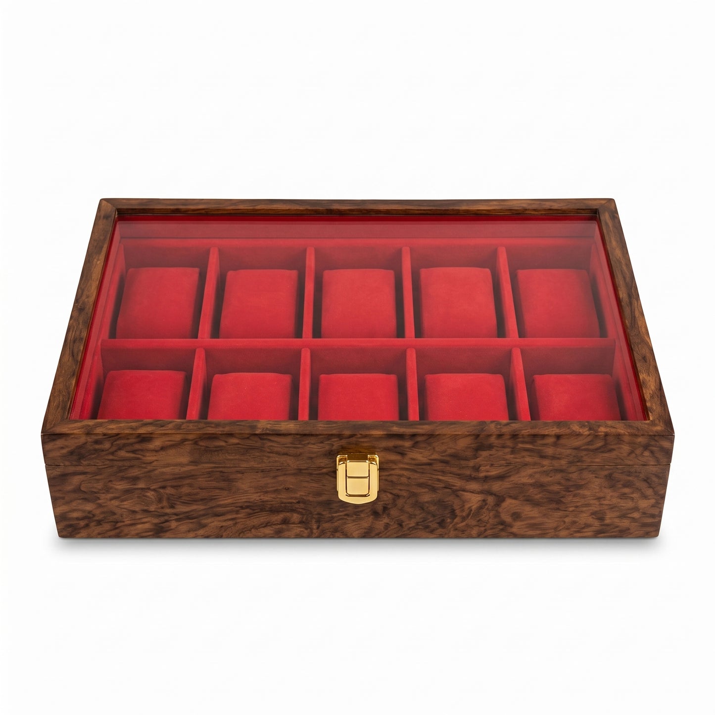 Wooden Watch Box Organizer with Large Glass Lid, 10 Slot Solid Wood Walnut Watch Display Case with Red Velvet Lining, Premium Watch Storage Box for Men & Women, Father’s Day Gift