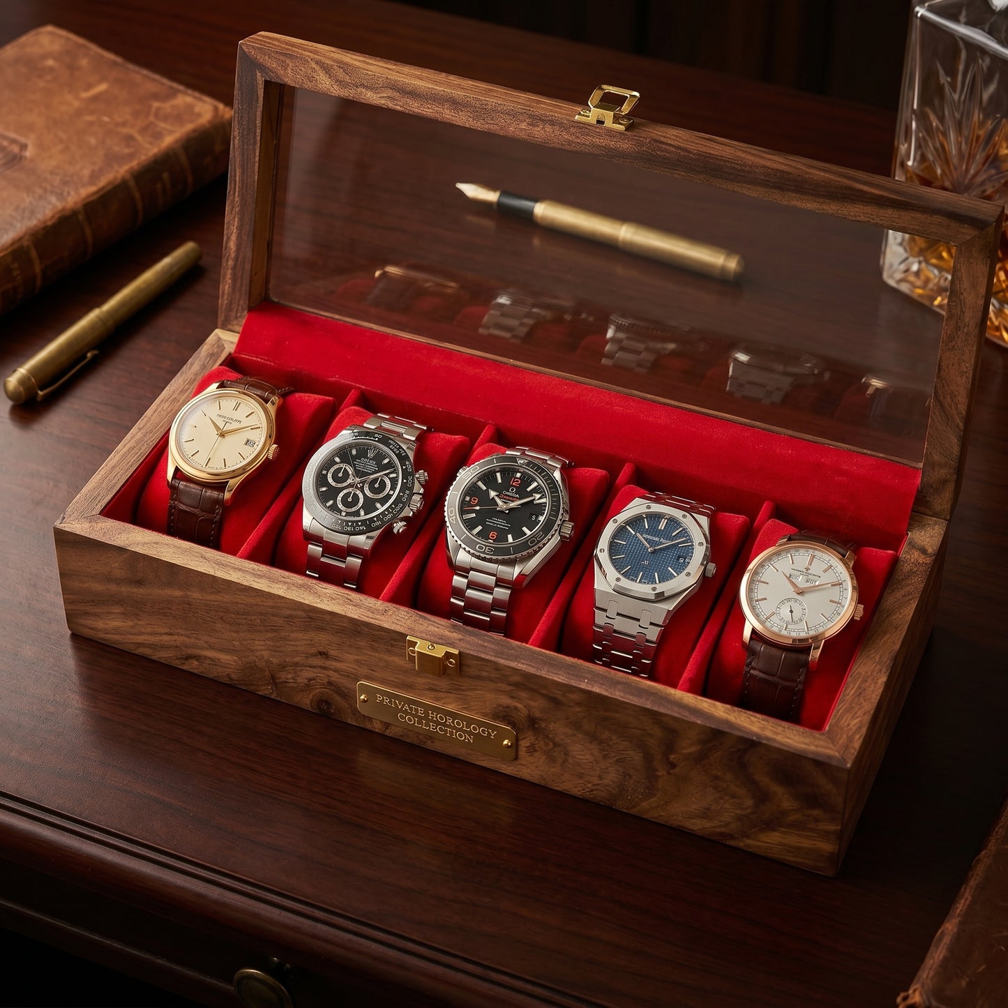 Luxury Handcrafted Sheesham Wood Watch Box Organizer – 5 Slot Glass Display Watch Storage Case