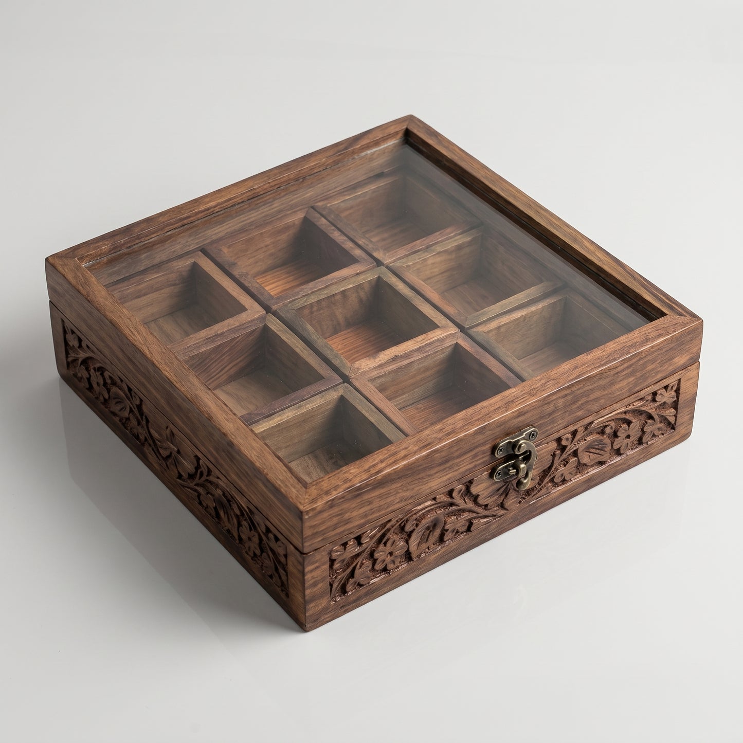 Premium Wooden Spice Organizer Box with Glass Lid – 9 Compartments