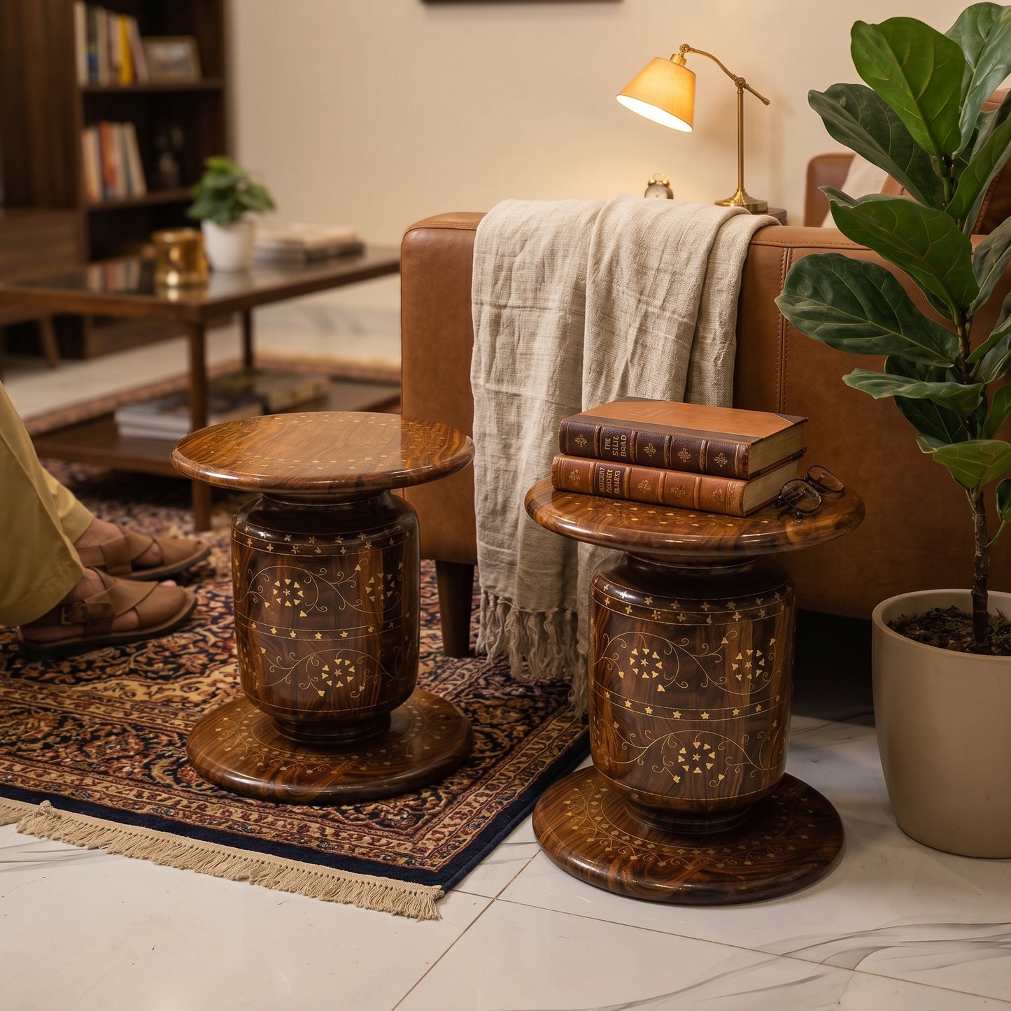 Handcrafted Wooden Dhol Stool Table with Traditional Inlay Work – Chinioti Style