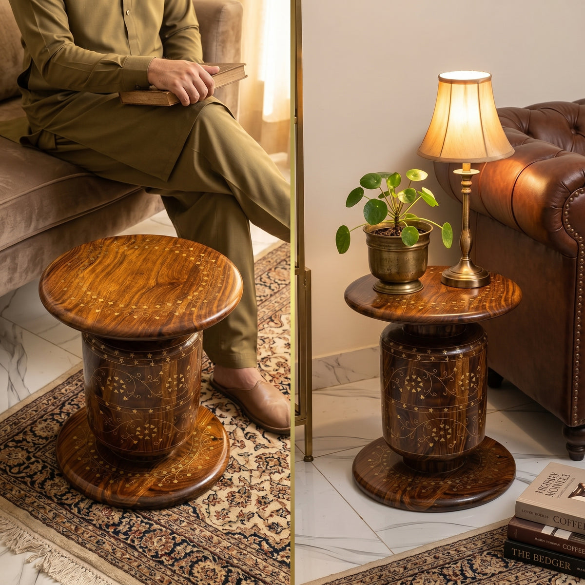 Handcrafted Wooden Dhol Stool Table with Traditional Inlay Work – Chinioti Style
