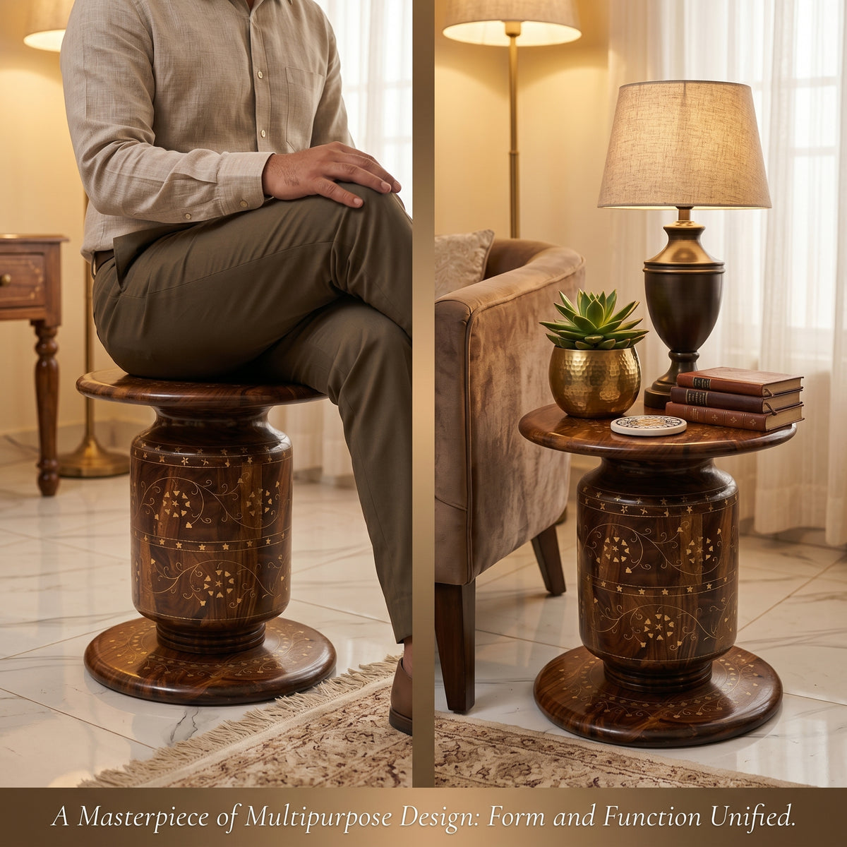 Handcrafted Wooden Dhol Stool Table with Traditional Inlay Work – Chinioti Style
