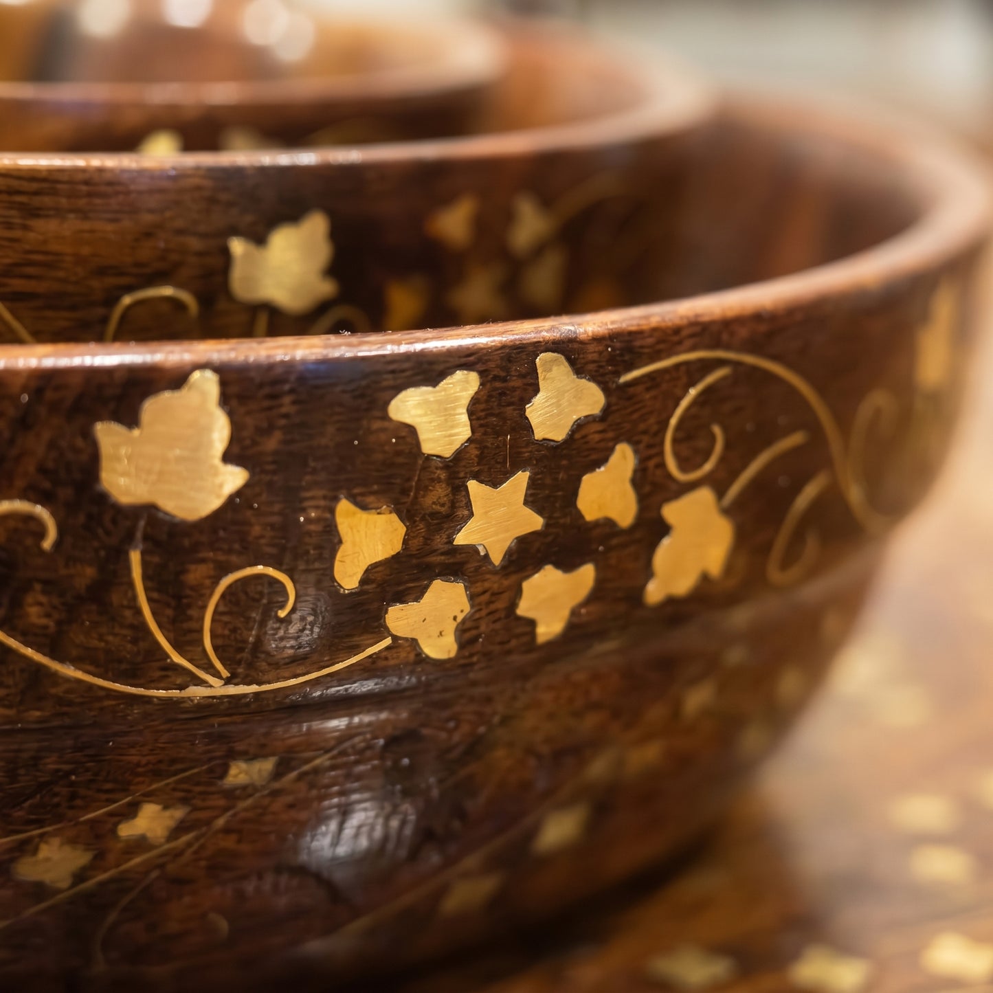 3 Piece Wooden Bowl Set with Golden Floral Design, Handmade Nested Serving Bowls, Solid Wood Salad Bowl, Snack Bowl & Dry Fruit Bowl Set for Kitchen, Dining Table & Home Décor