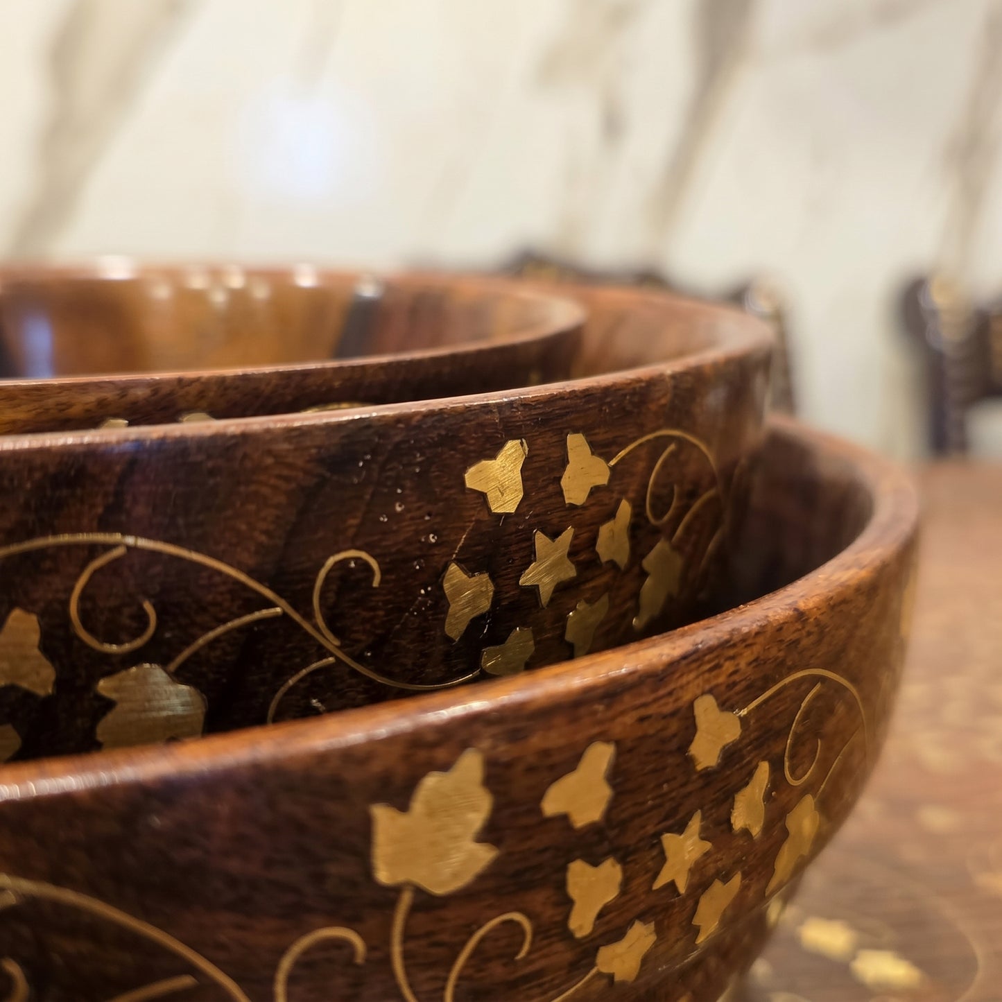 3 Piece Wooden Bowl Set with Golden Floral Design, Handmade Nested Serving Bowls, Solid Wood Salad Bowl, Snack Bowl & Dry Fruit Bowl Set for Kitchen, Dining Table & Home Décor