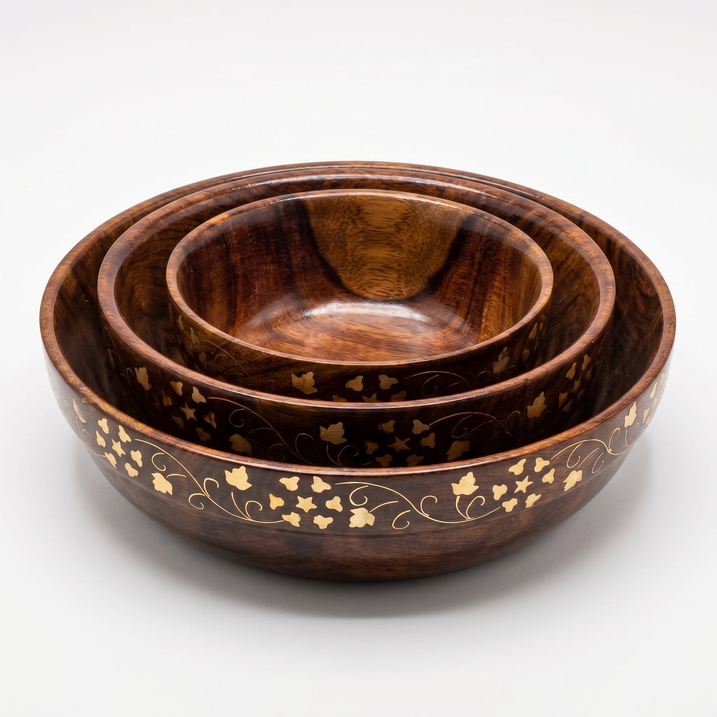 3 Piece Wooden Bowl Set with Golden Floral Design, Handmade Nested Serving Bowls, Solid Wood Salad Bowl, Snack Bowl & Dry Fruit Bowl Set for Kitchen, Dining Table & Home Décor