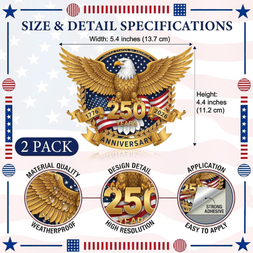 250 Anniversary USA Merchandise, 2Packs 250th Anniversary USA Car Window Decal Sticker, 1776-2026 American Flag Patriotic Eagle Vinyl Decal for Car Truck Bumper Laptop Window Decor