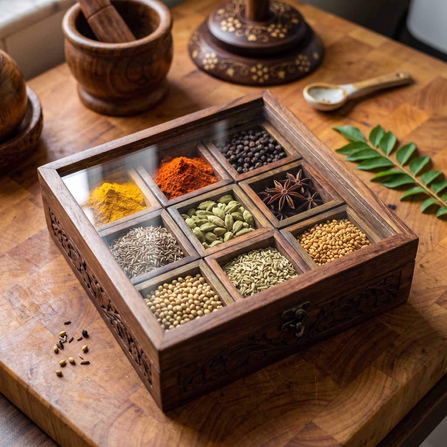 Premium Wooden Spice Organizer Box with Glass Lid – 9 Compartments
