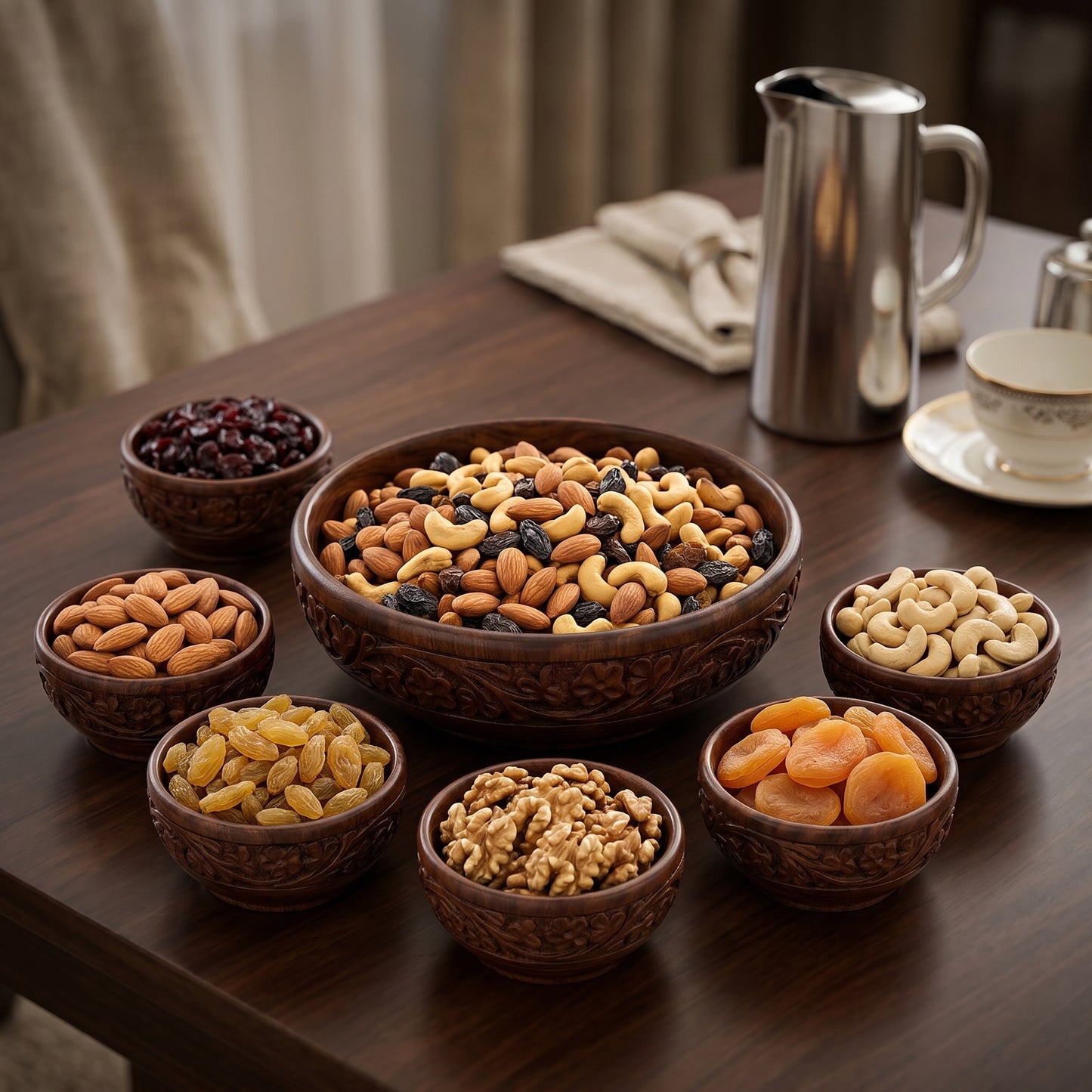 Hand Carved Wooden Bowl Set, 7 Piece Serving Bowl Set with Large Salad Bowl and 6 Small Bowls, Solid Wood Snack Bowls for Dry Fruits, Nuts, Spices, Salad & Home Décor