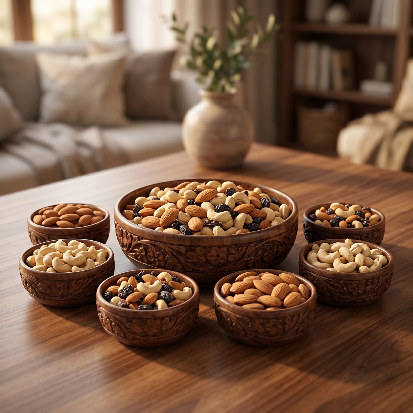 Hand Carved Wooden Bowl Set, 7 Piece Serving Bowl Set with Large Salad Bowl and 6 Small Bowls, Solid Wood Snack Bowls for Dry Fruits, Nuts, Spices, Salad & Home Décor