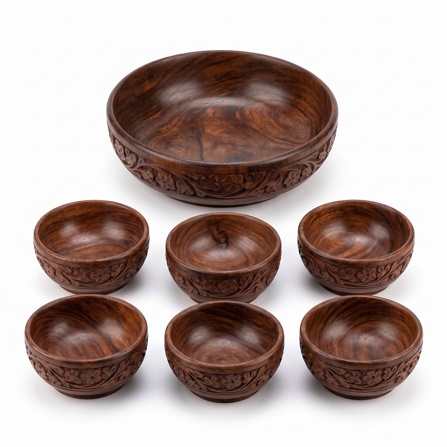Hand Carved Wooden Bowl Set, 7 Piece Serving Bowl Set with Large Salad Bowl and 6 Small Bowls, Solid Wood Snack Bowls for Dry Fruits, Nuts, Spices, Salad & Home Décor