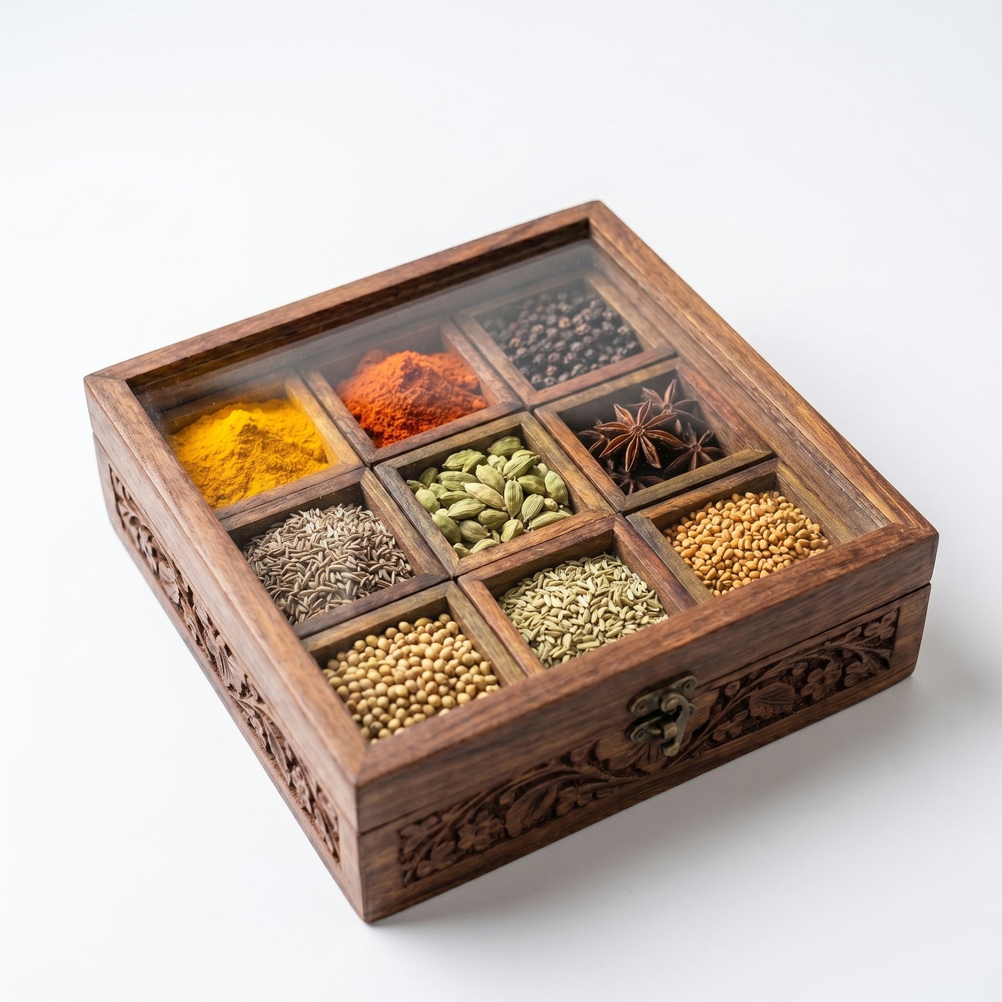 Premium Wooden Spice Organizer Box with Glass Lid – 9 Compartments