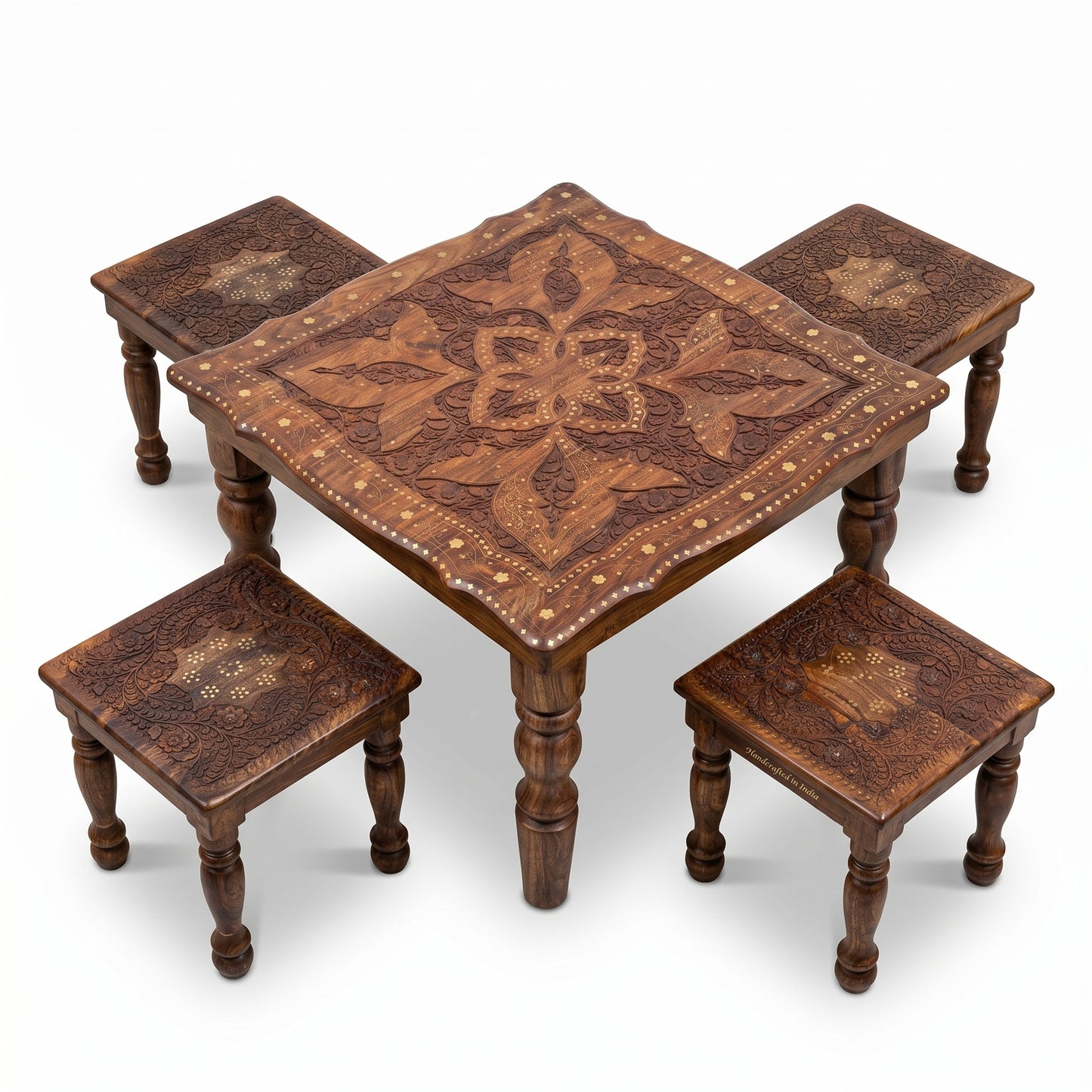 Premium Square Wooden Table Set with 4 Stools
