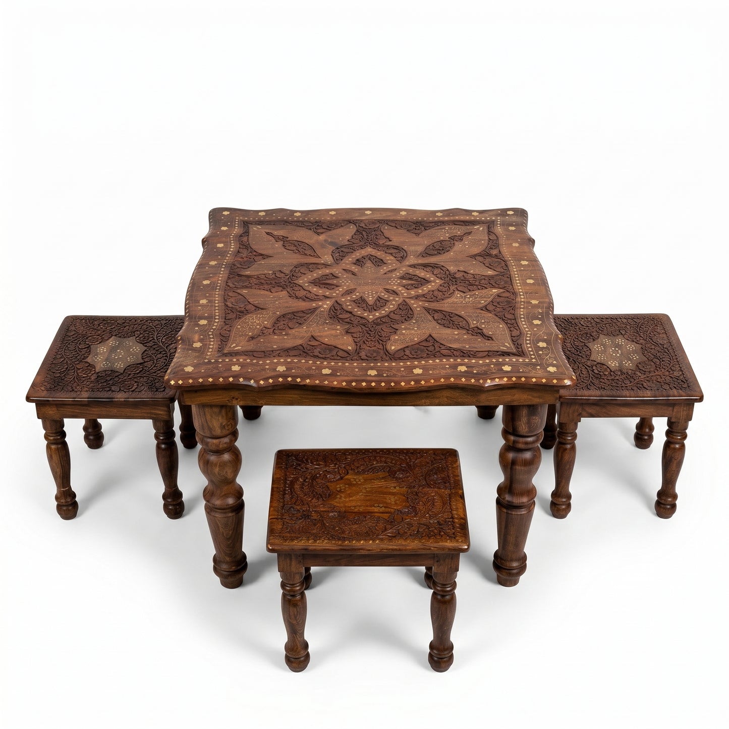 Premium Square Wooden Table Set with 4 Stools