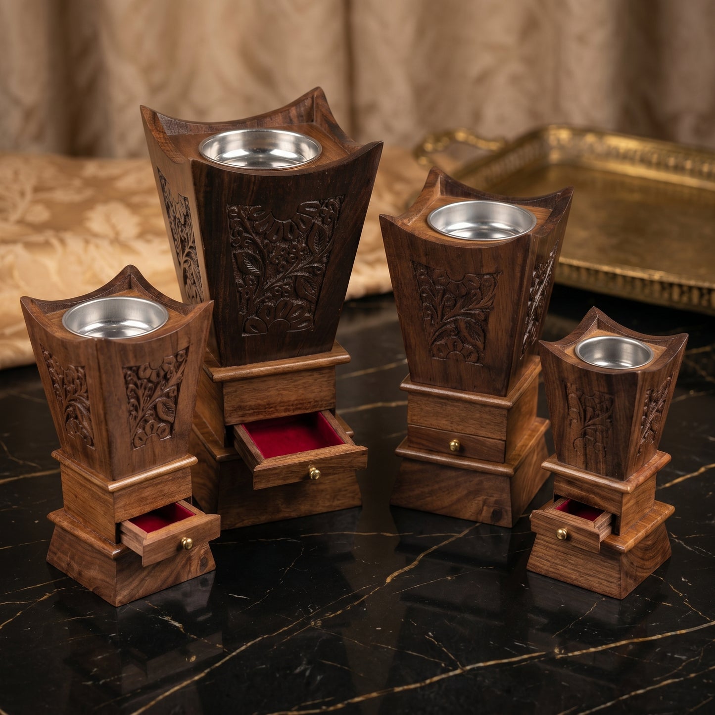 Luxury Handcrafted Sheesham Wood Bakhoor Burner Set – Decorative Incense Holders with Storage Drawer (Set of 4)