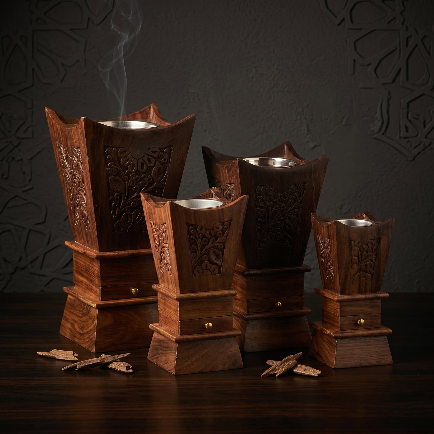 Luxury Handcrafted Sheesham Wood Bakhoor Burner Set – Decorative Incense Holders with Storage Drawer (Set of 4)
