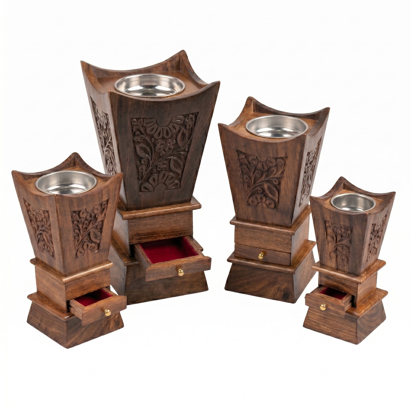 Luxury Handcrafted Sheesham Wood Bakhoor Burner Set – Decorative Incense Holders with Storage Drawer (Set of 4)