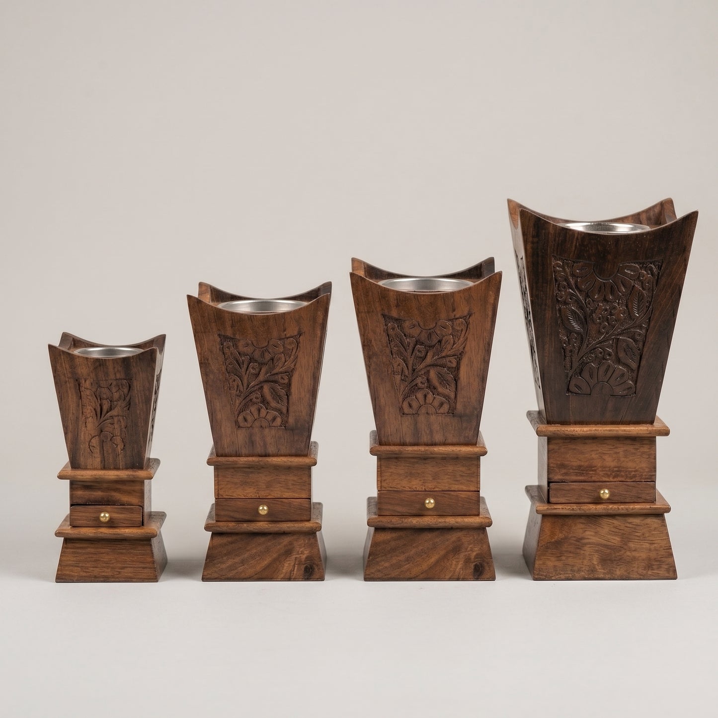 Luxury Handcrafted Sheesham Wood Bakhoor Burner Set – Decorative Incense Holders with Storage Drawer (Set of 4)