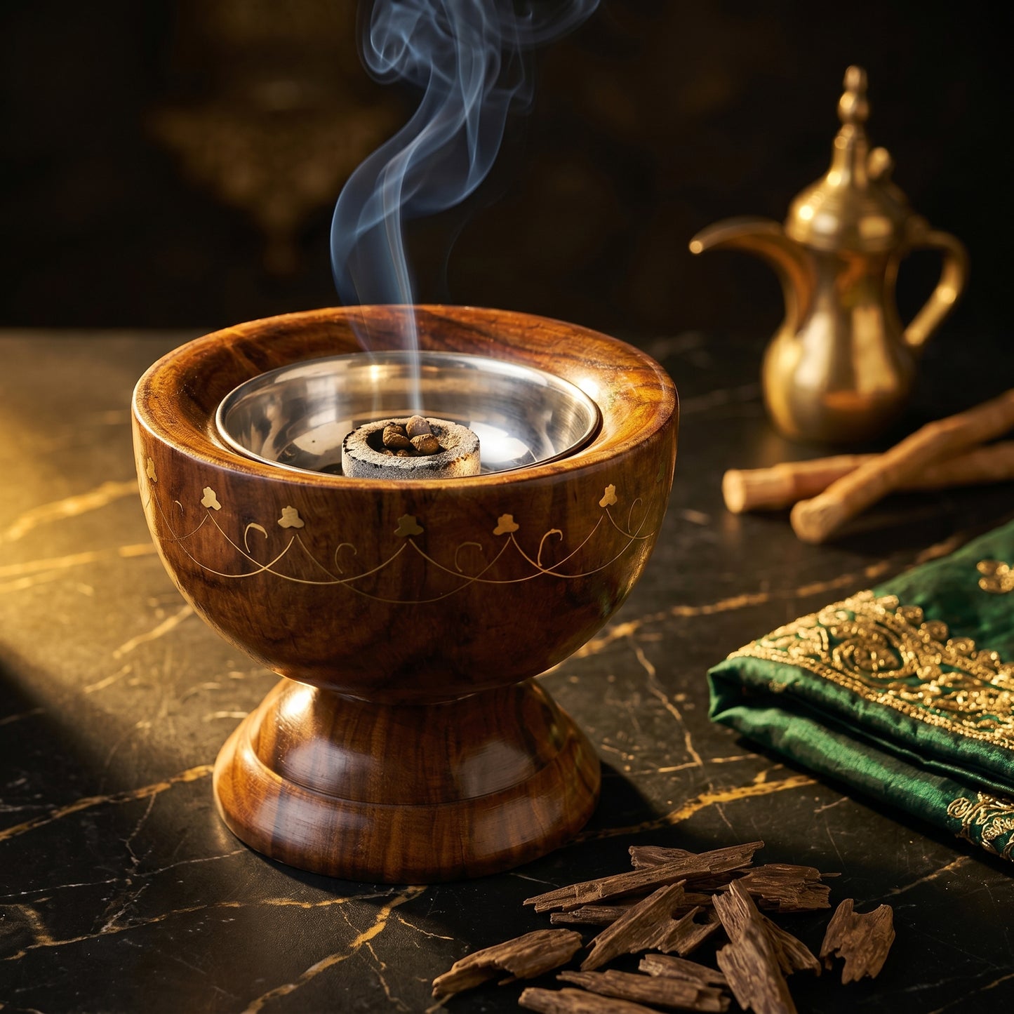 Luxury Handcrafted Wooden Mabkhara – Walnut Style Bakhoor Burner with Brass Inlay & Stainless Steel Bowl