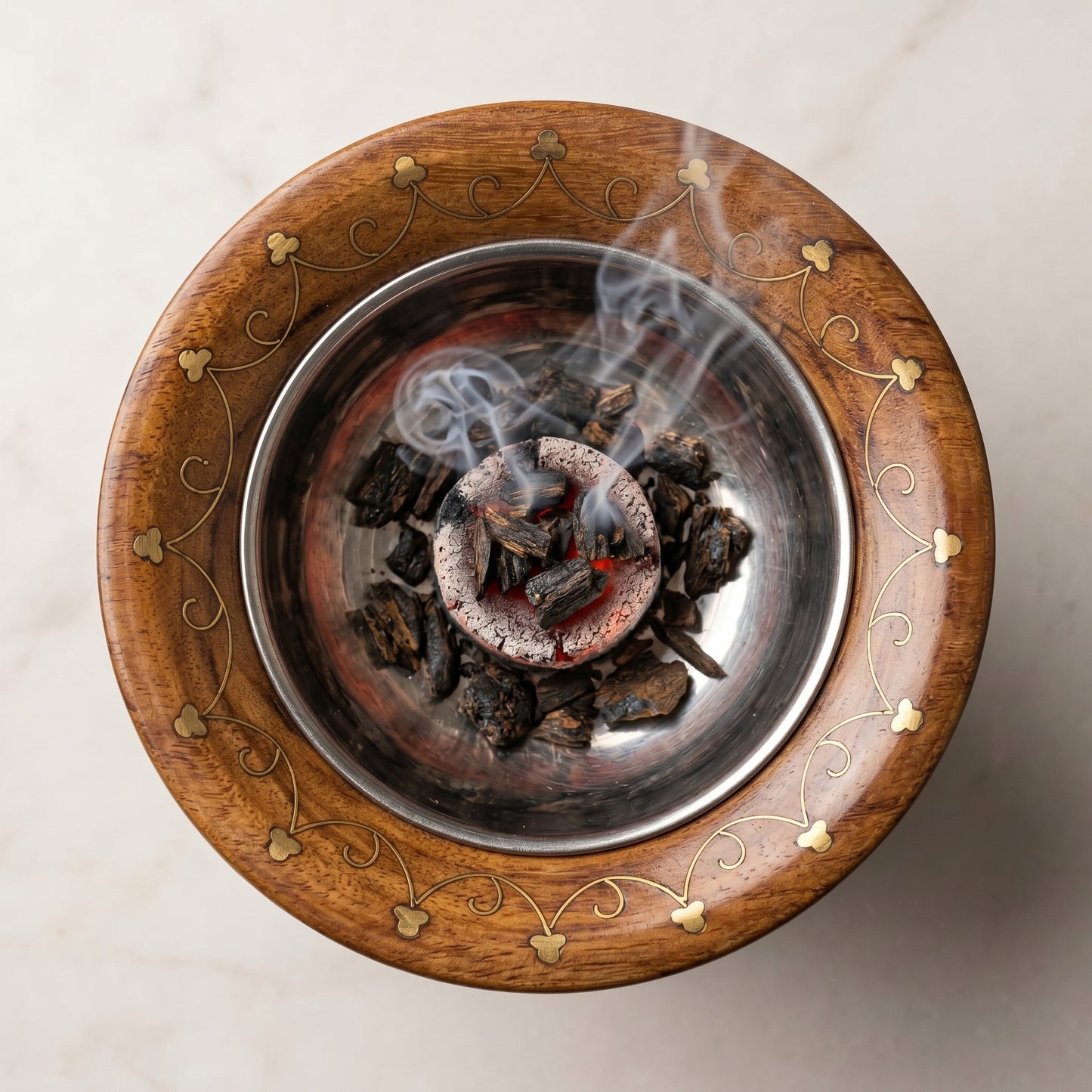 Luxury Handcrafted Wooden Mabkhara – Walnut Style Bakhoor Burner with Brass Inlay & Stainless Steel Bowl