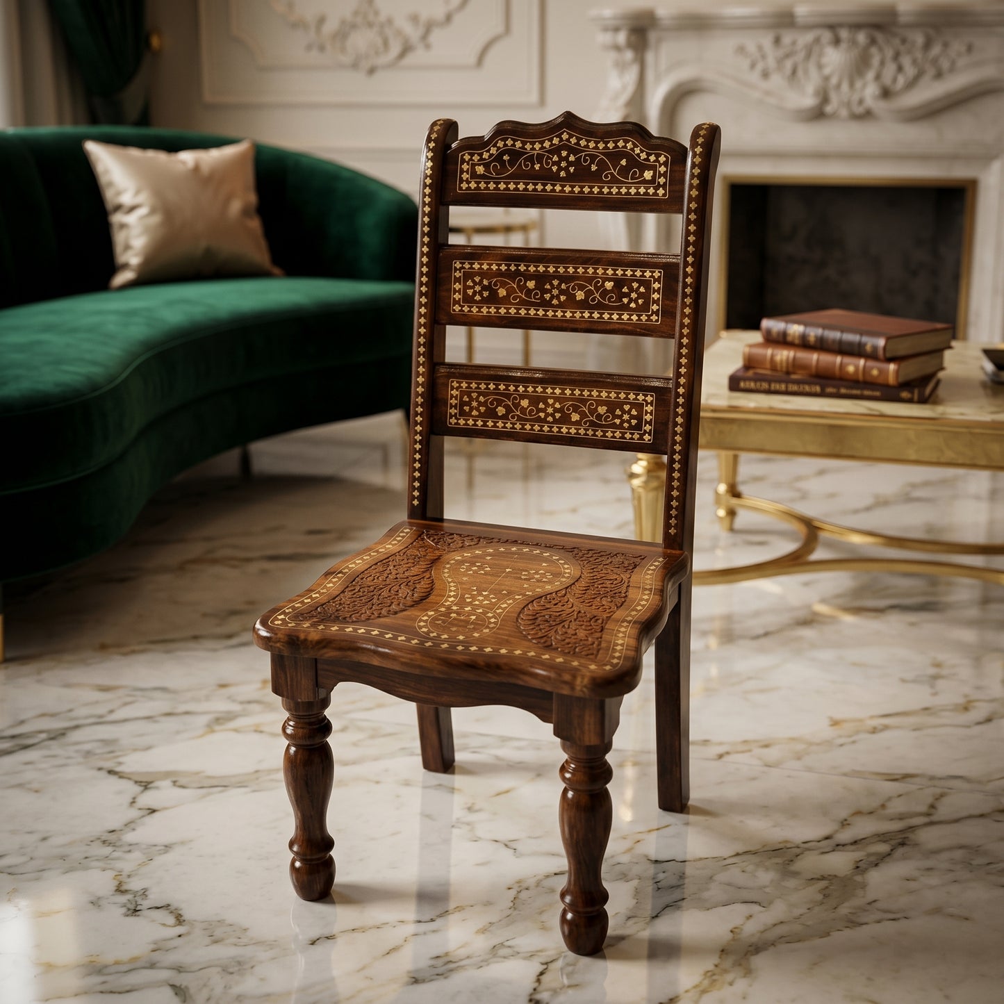 Handcrafted Sheesham Wooden Chair with Traditional Brass Inlay & Intricate Carved Design – Pakistani Chinioti Style