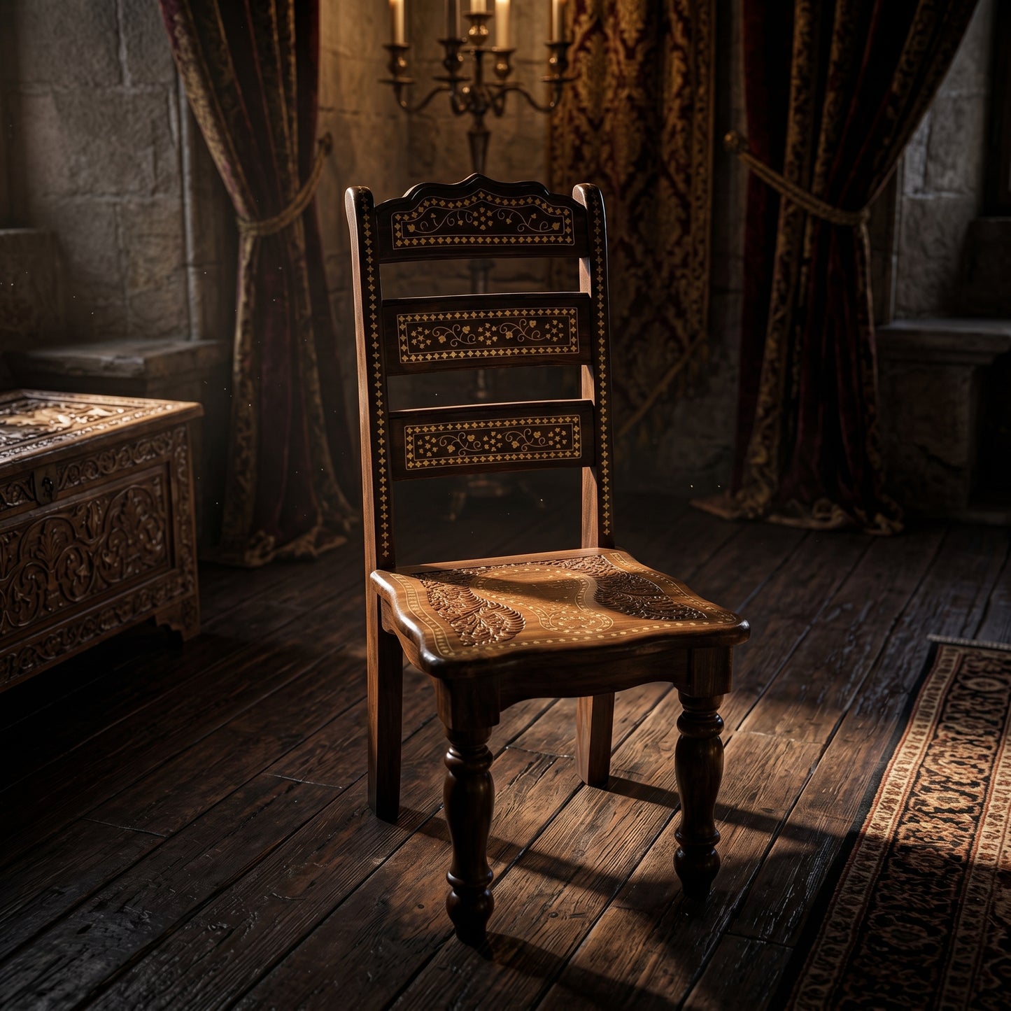 Handcrafted Sheesham Wooden Chair with Traditional Brass Inlay & Intricate Carved Design – Pakistani Chinioti Style