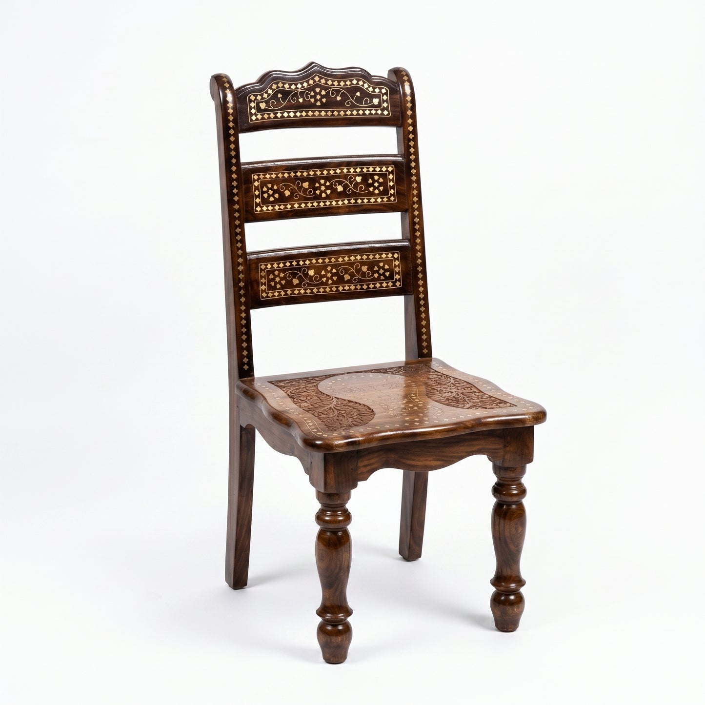 Handcrafted Sheesham Wooden Chair with Traditional Brass Inlay & Intricate Carved Design – Pakistani Chinioti Style