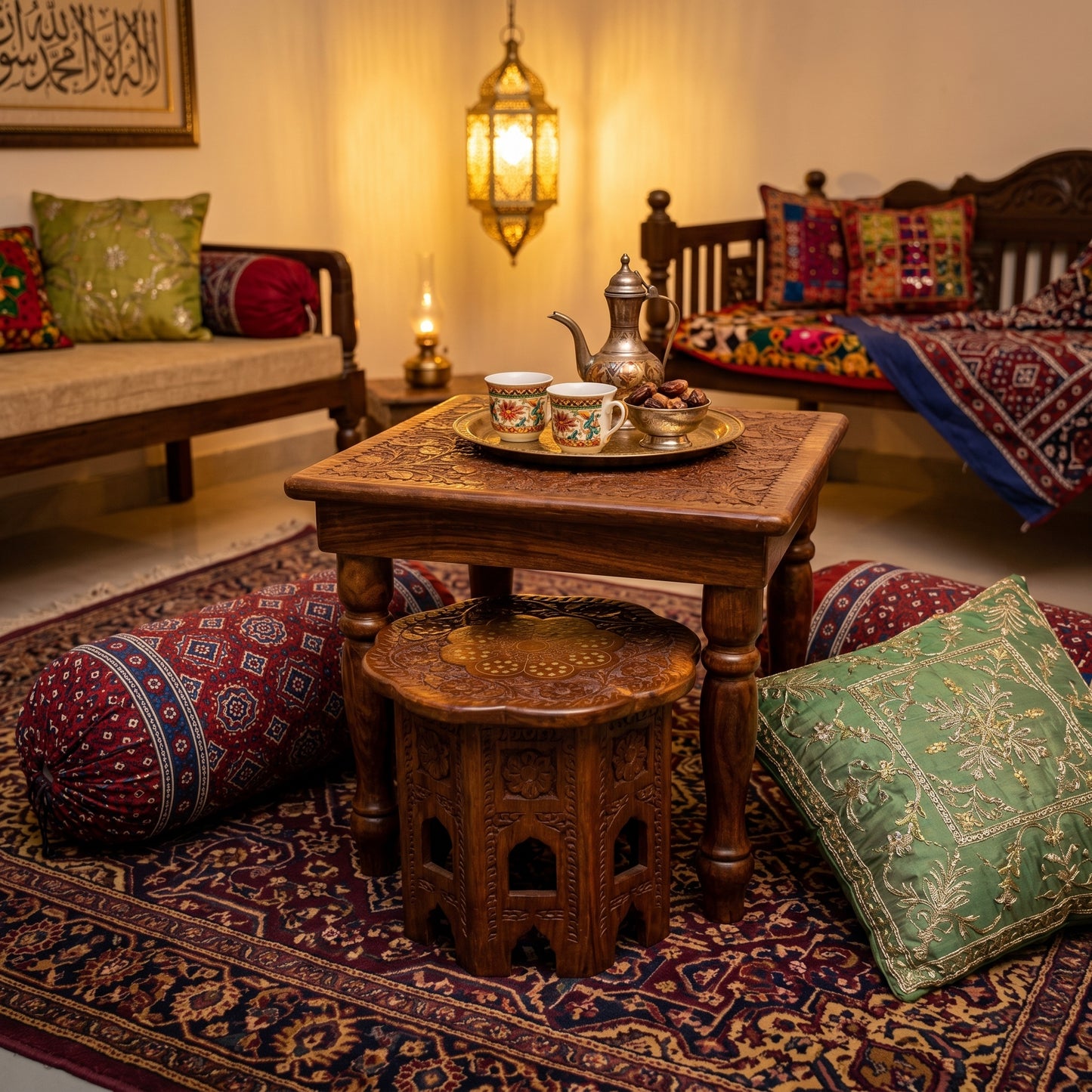 Premium Hand Carved Wooden Tea Table Set with 2 Stools
