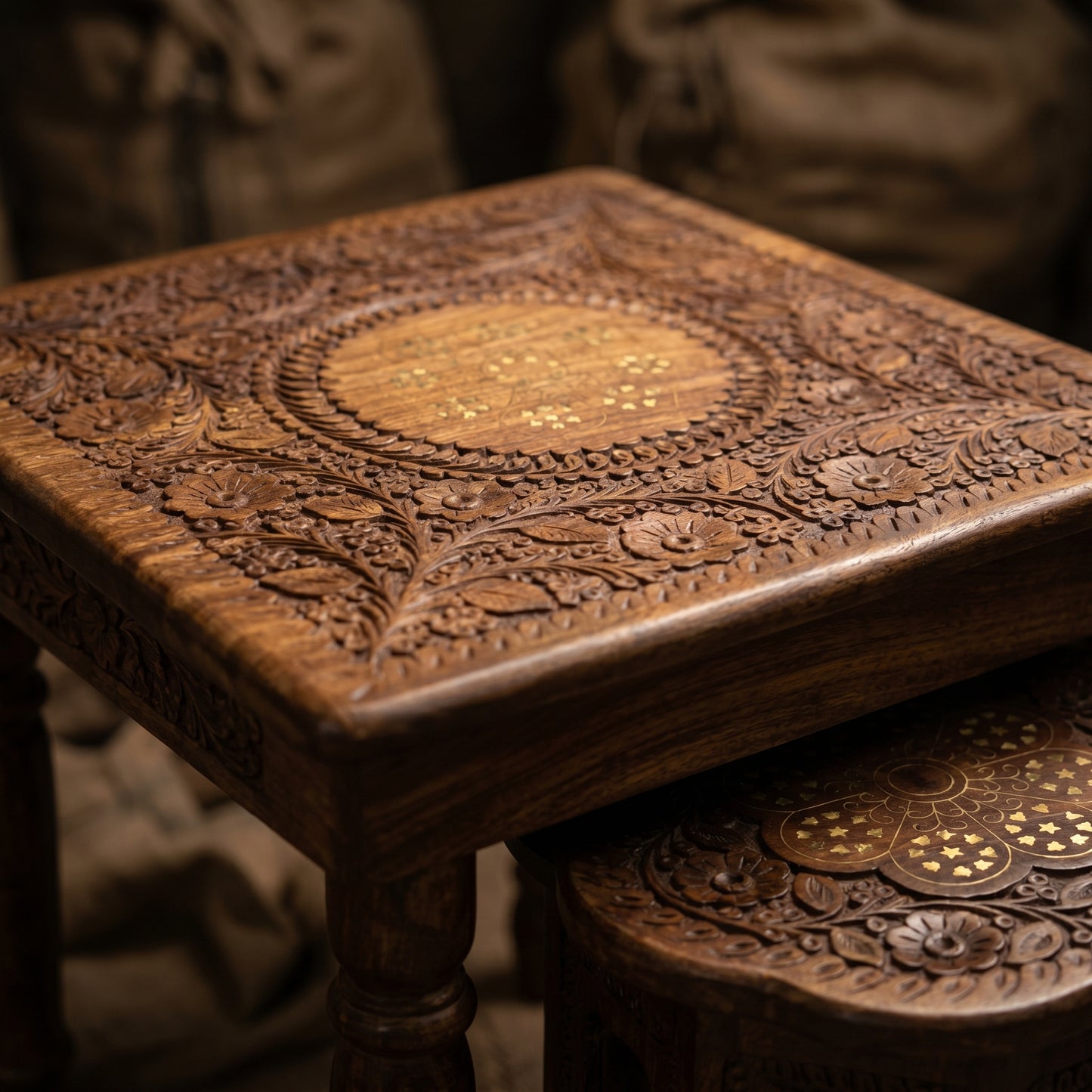 Premium Hand Carved Wooden Tea Table Set with 2 Stools