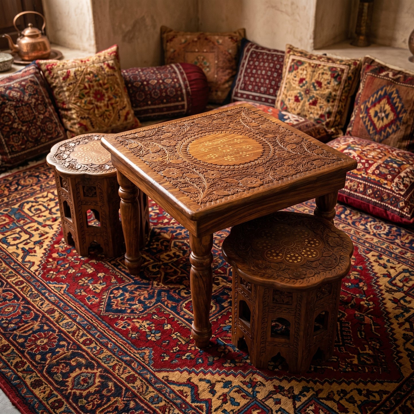 Premium Hand Carved Wooden Tea Table Set with 2 Stools