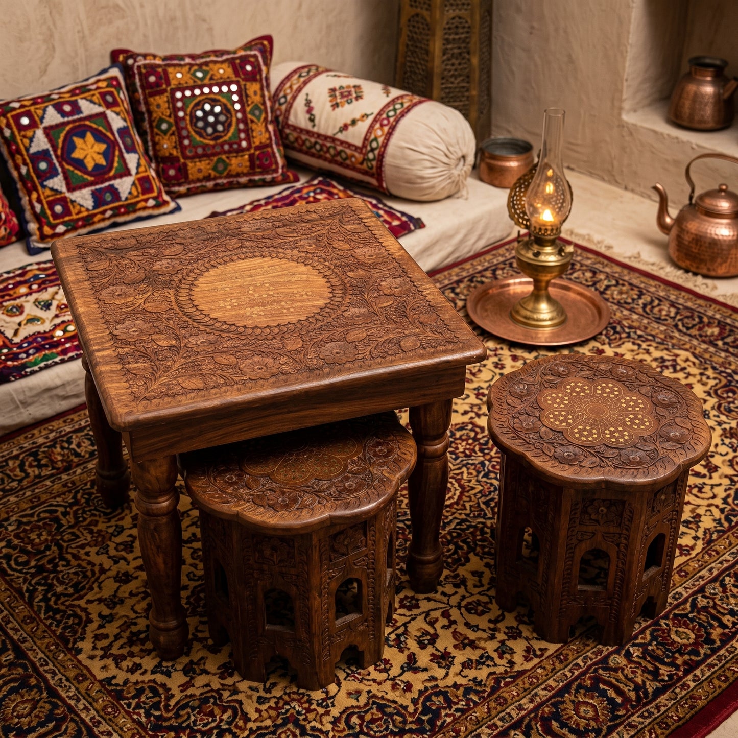 Premium Hand Carved Wooden Tea Table Set with 2 Stools