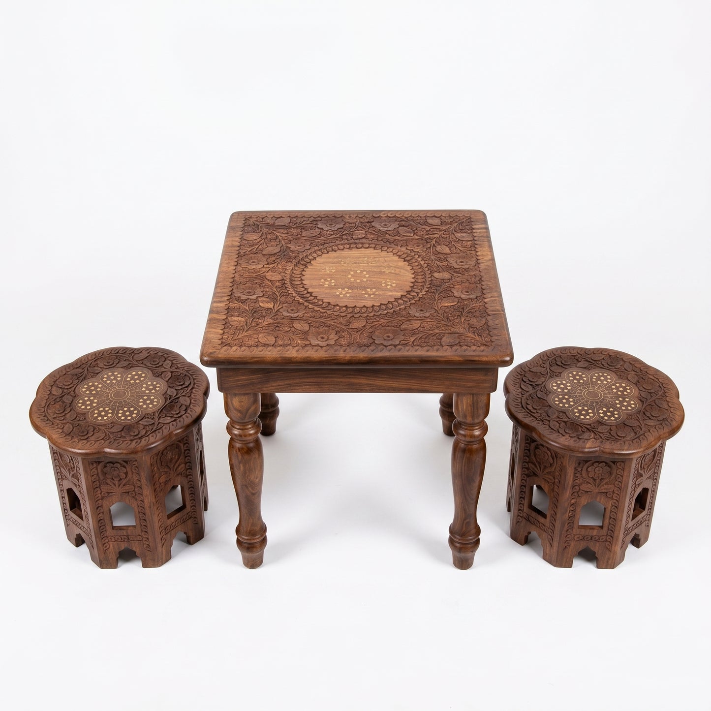 Premium Hand Carved Wooden Tea Table Set with 2 Stools