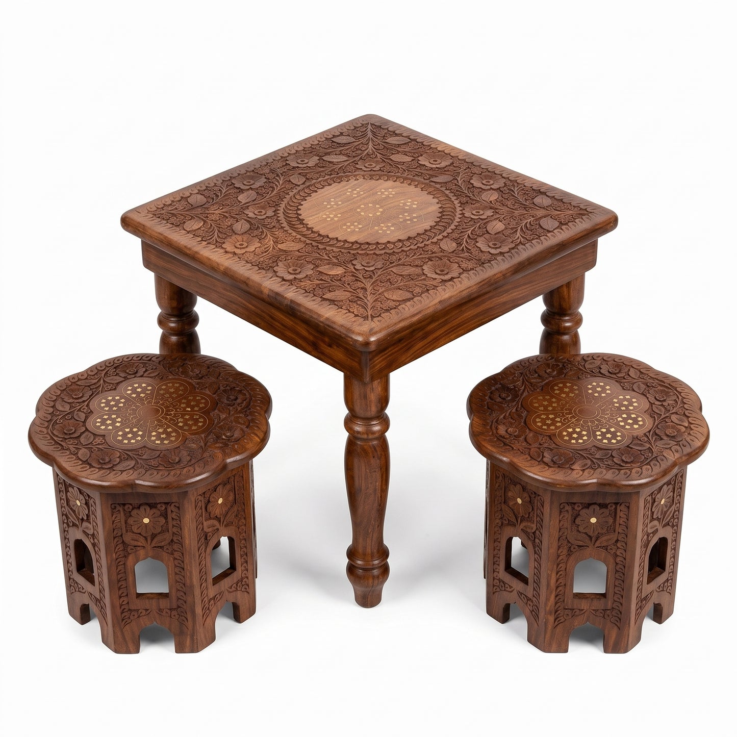 Premium Hand Carved Wooden Tea Table Set with 2 Stools