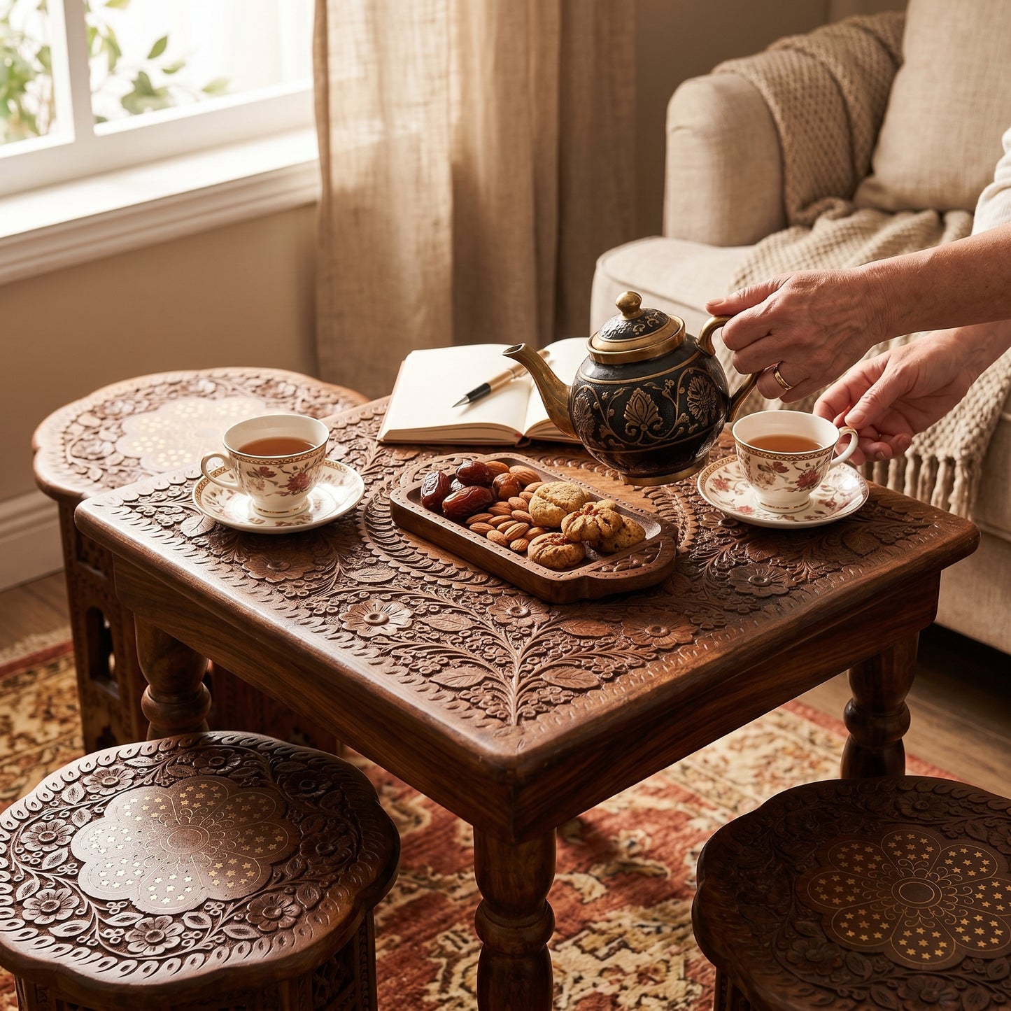 Premium Hand Carved Wooden Tea Table Set with 2 Stools
