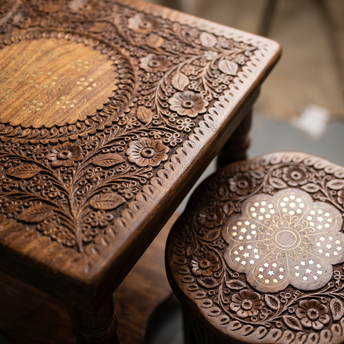 Premium Hand Carved Wooden Tea Table Set with 2 Stools