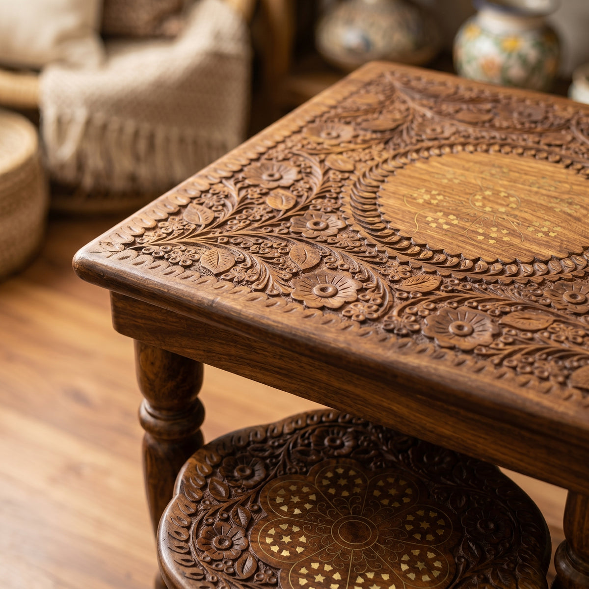 Premium Hand Carved Wooden Tea Table Set with 2 Stools
