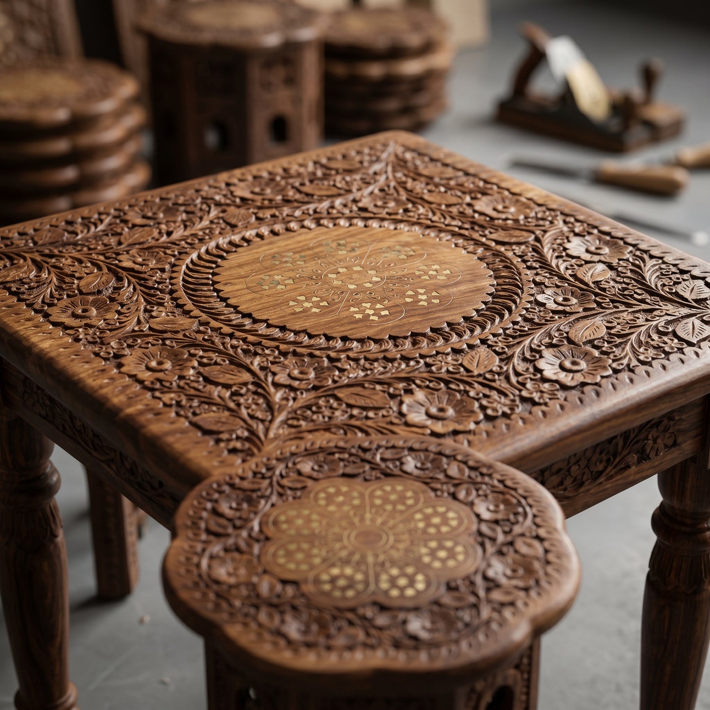 Premium Hand Carved Wooden Tea Table Set with 2 Stools