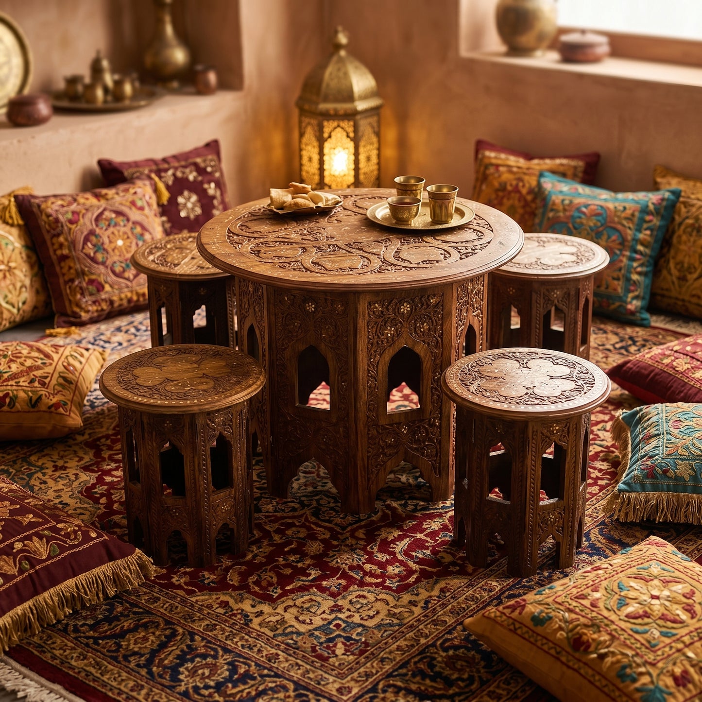 Premium Round Wooden Table Set with 4 Stools