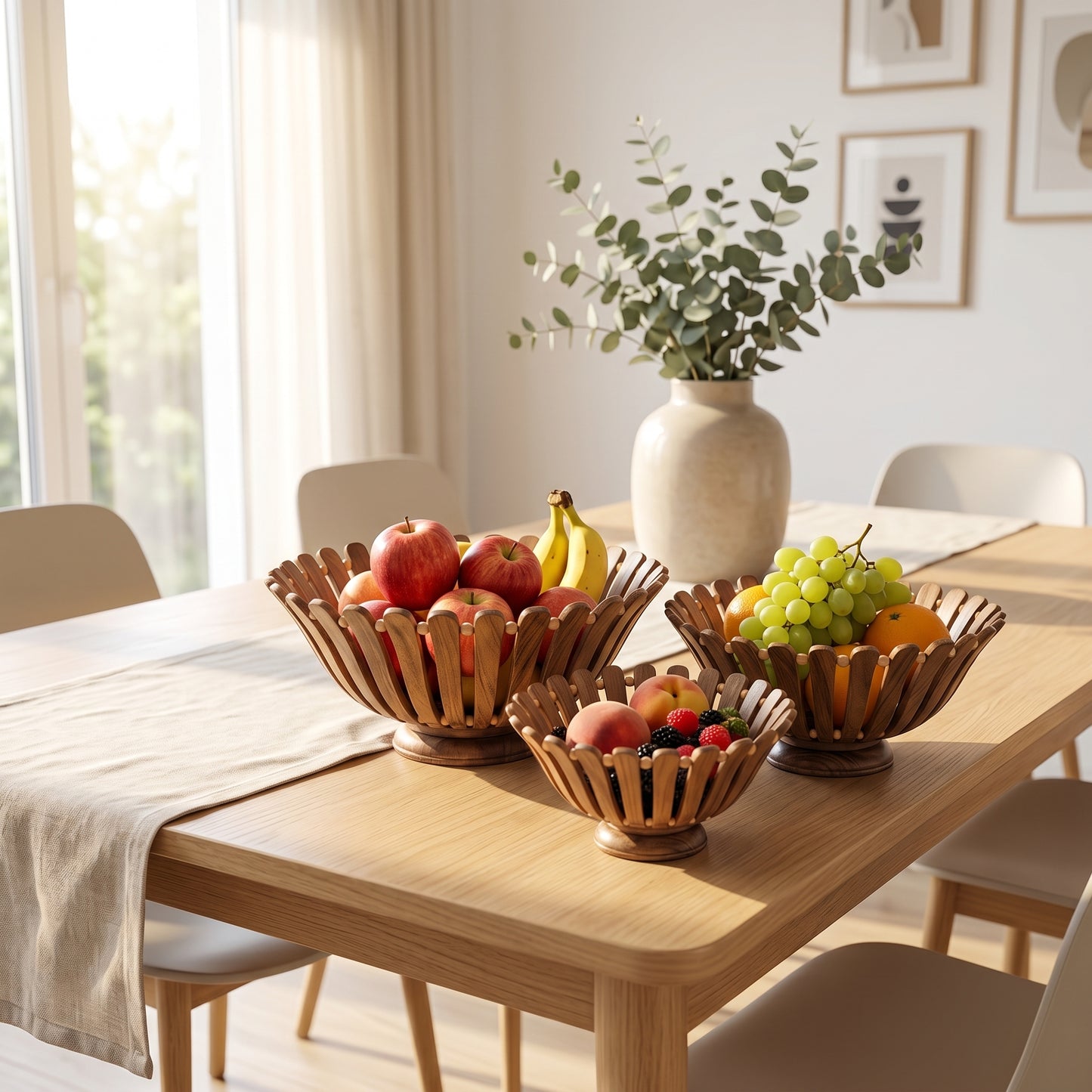 Luxury Handcrafted Wooden Fruit Basket Set – Decorative Serving Bowls (3 Pieces)