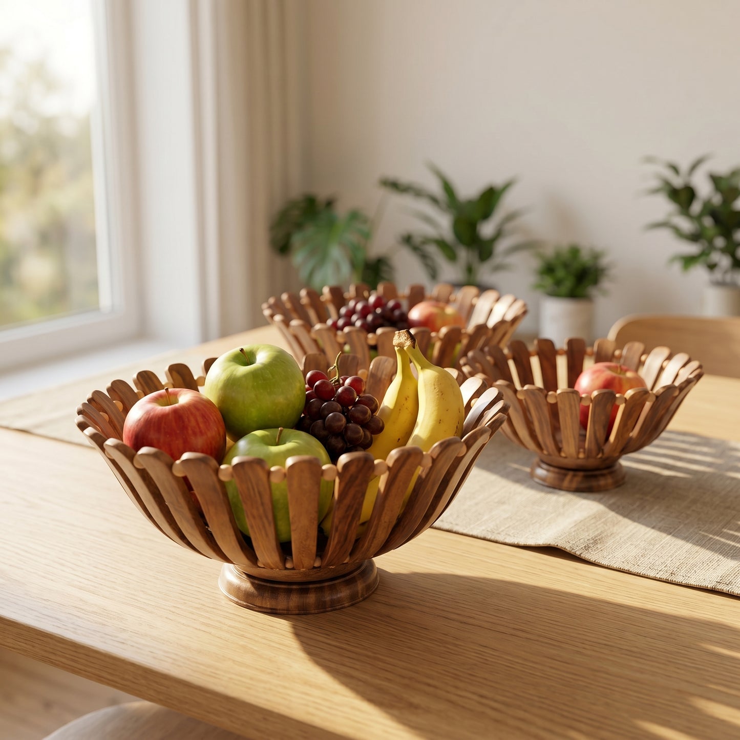 Luxury Handcrafted Wooden Fruit Basket Set – Decorative Serving Bowls (3 Pieces)