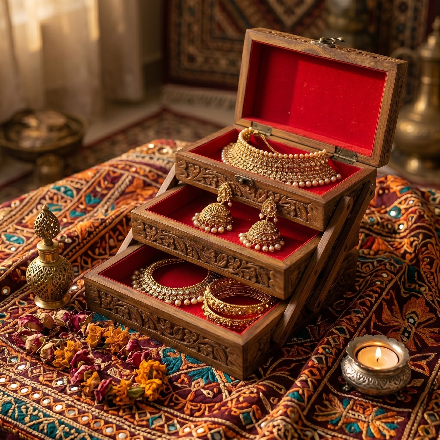 Handcrafted Sheesham Wood Jewelry Box Organizer – 3 Tier Wooden Storage Case with Velvet Interior & Carved Floral Design