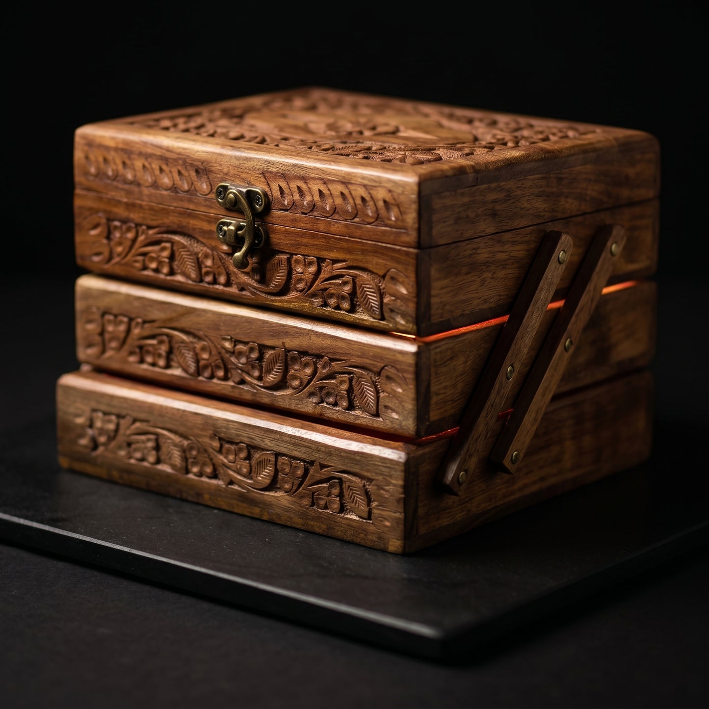 Handcrafted Sheesham Wood Jewelry Box Organizer – 3 Tier Wooden Storage Case with Velvet Interior & Carved Floral Design