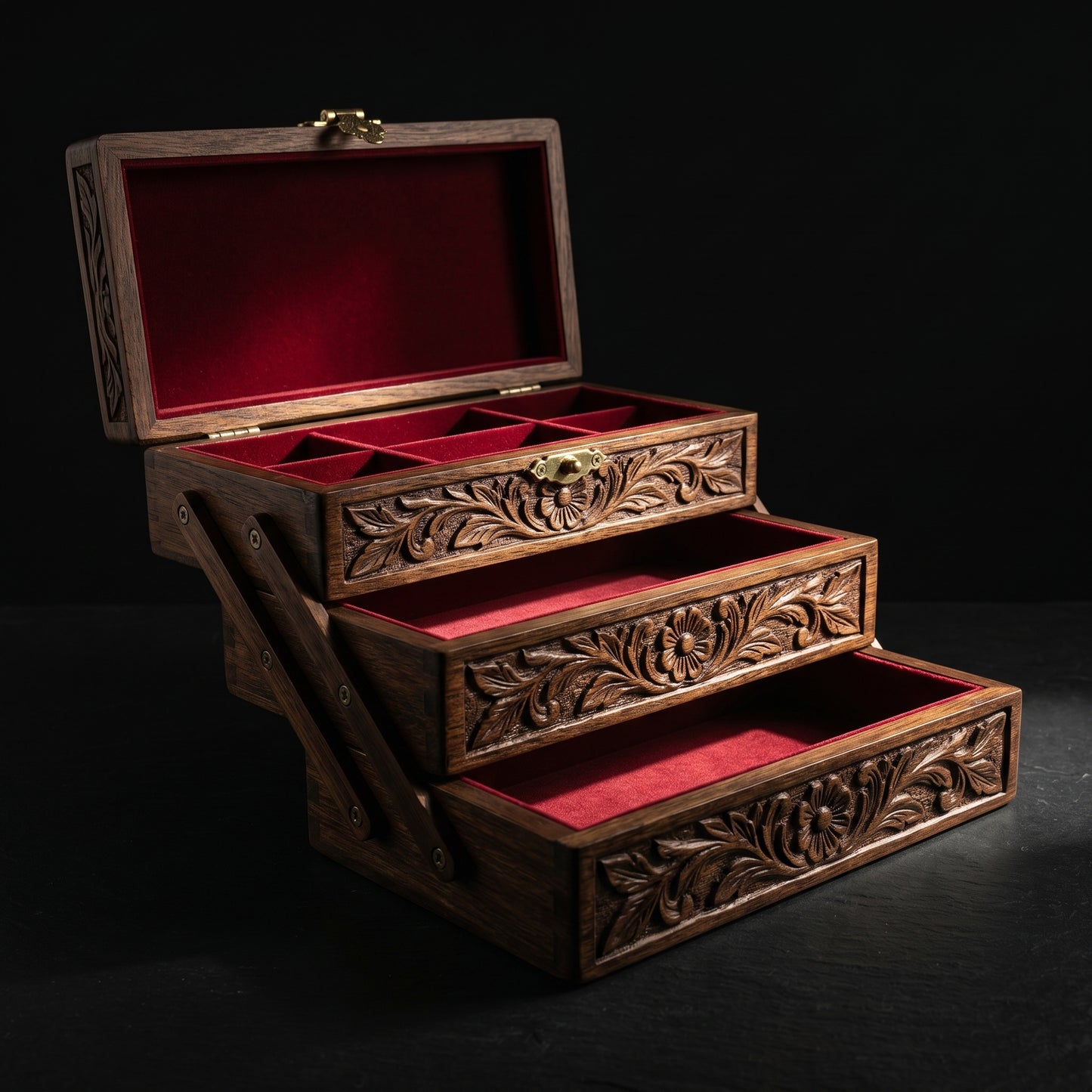 Handcrafted Sheesham Wood Jewelry Box Organizer – 3 Tier Wooden Storage Case with Velvet Interior & Carved Floral Design