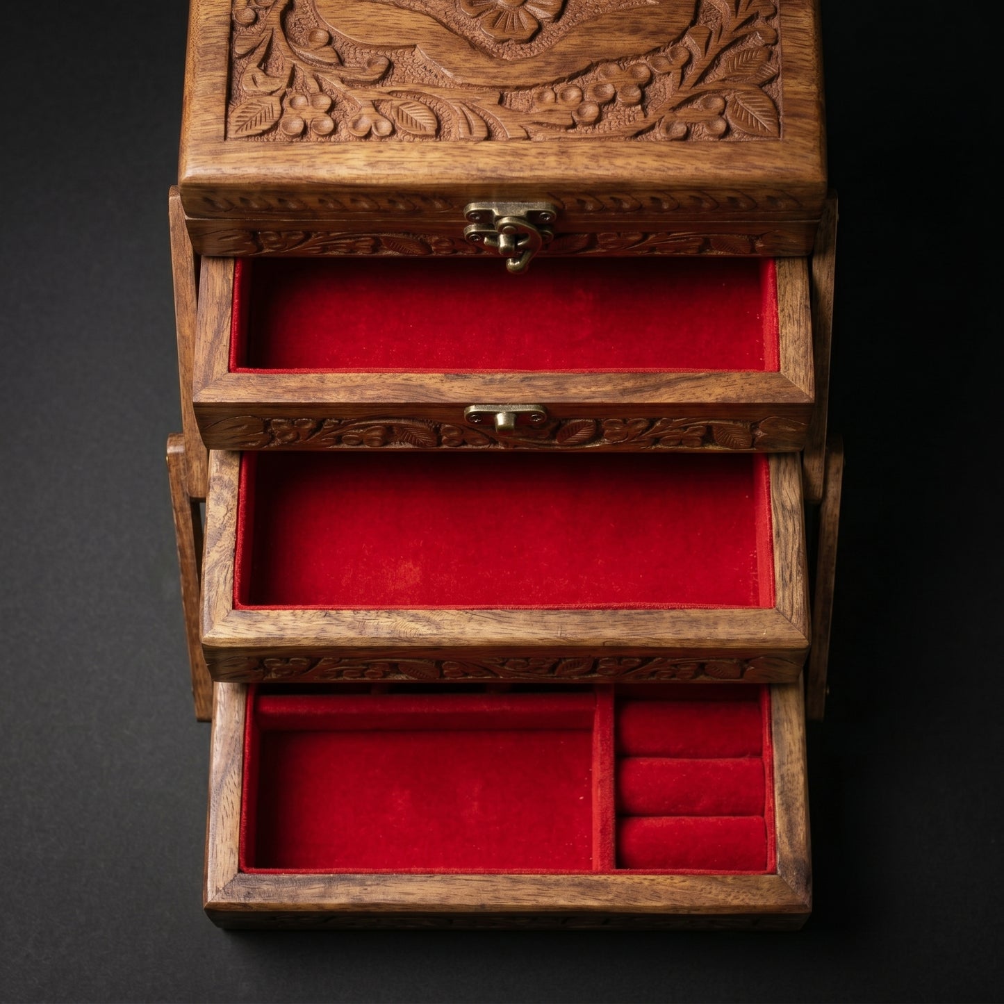Handcrafted Sheesham Wood Jewelry Box Organizer – 3 Tier Wooden Storage Case with Velvet Interior & Carved Floral Design
