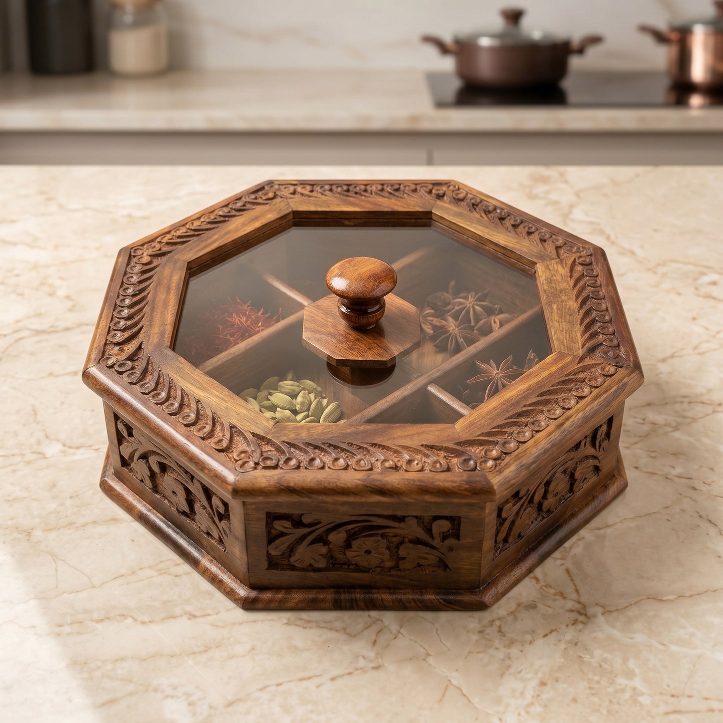 Premium Handcrafted Wooden Spice Box with Glass Lid – 6 Compartments