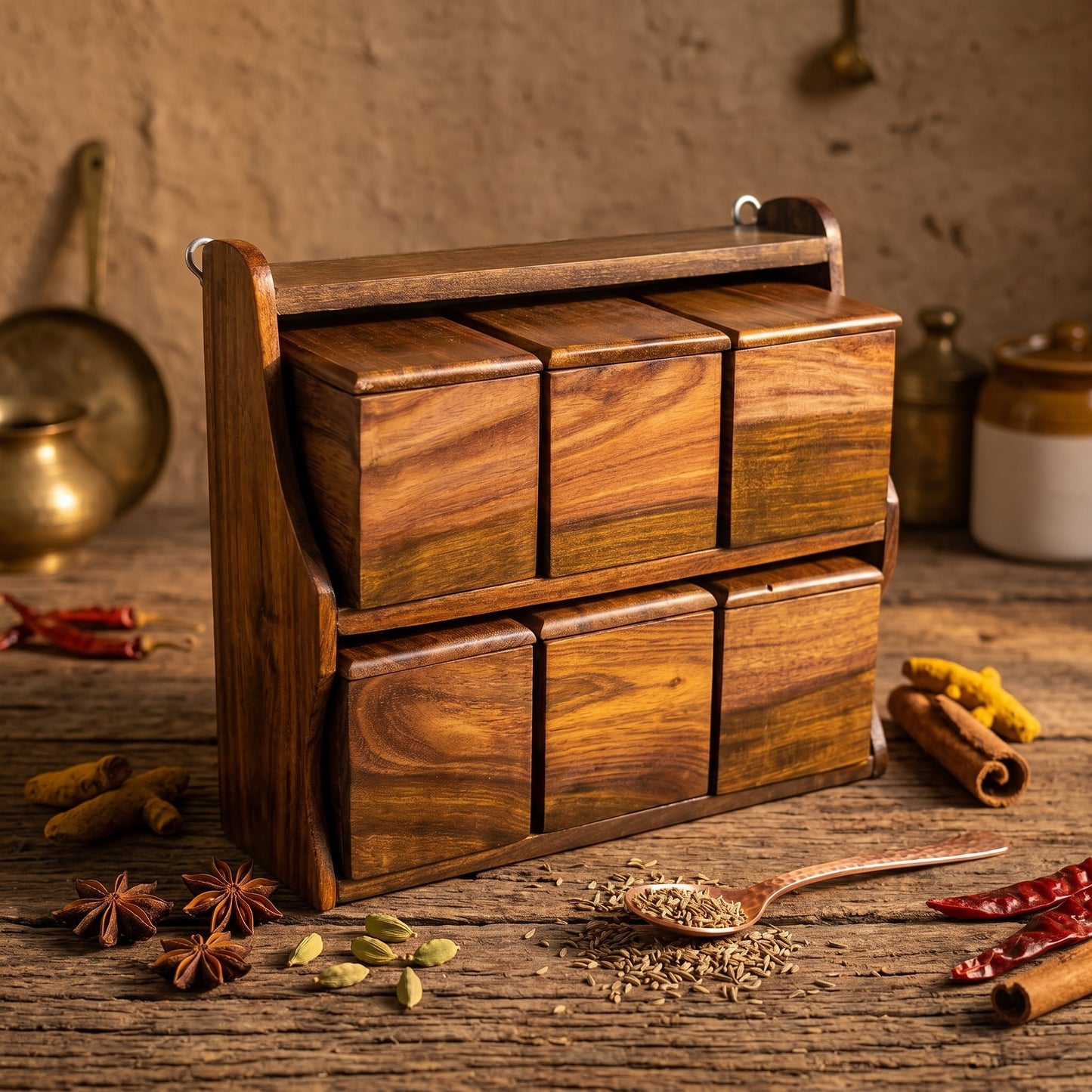 Luxury Handcrafted Wooden Spice Box Rack – 6 Jar Masala Organizer Set