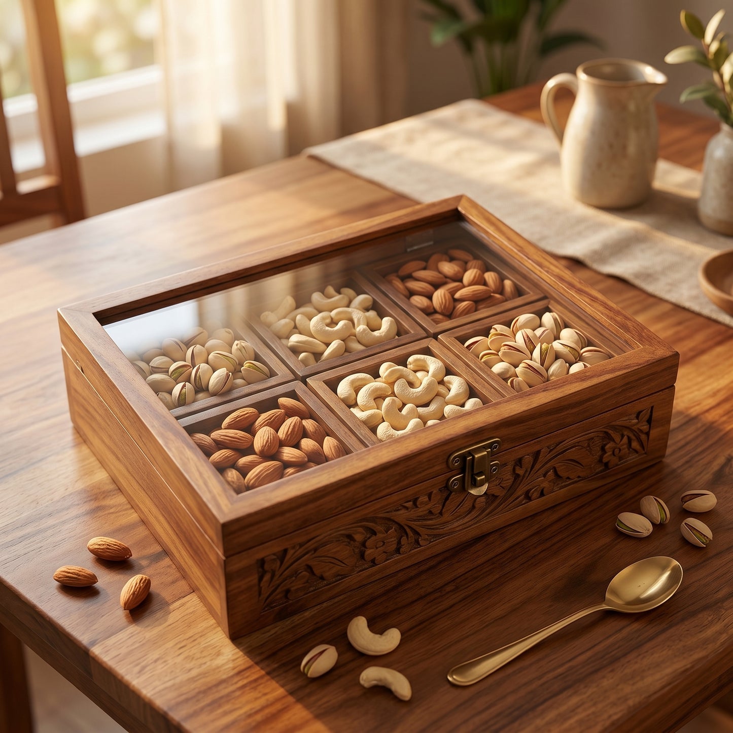Handcrafted Wooden Dry Fruit Storage Box with Glass Lid – 6 Compartments