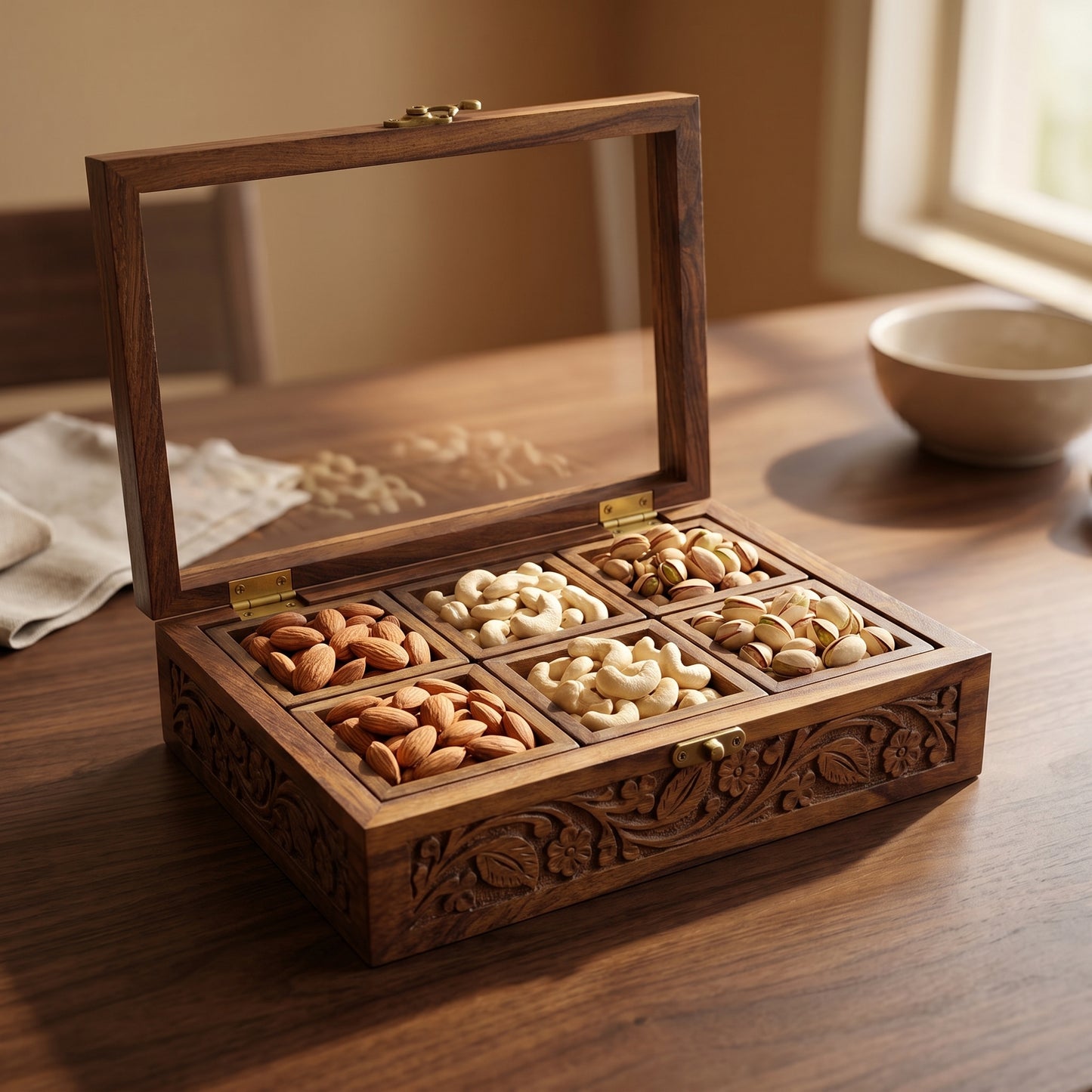 Handcrafted Wooden Dry Fruit Storage Box with Glass Lid – 6 Compartments