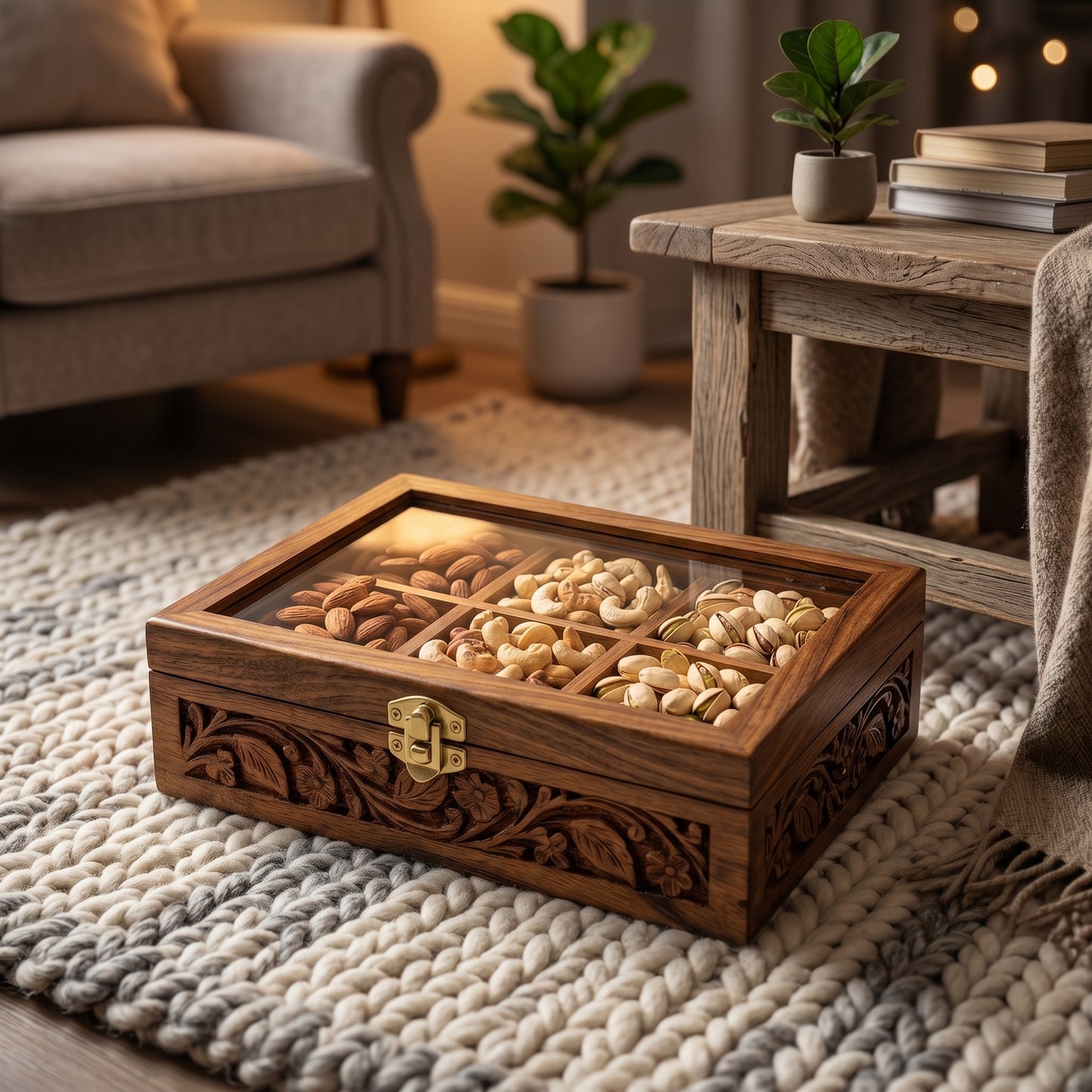 Handcrafted Wooden Dry Fruit Storage Box with Glass Lid – 6 Compartments