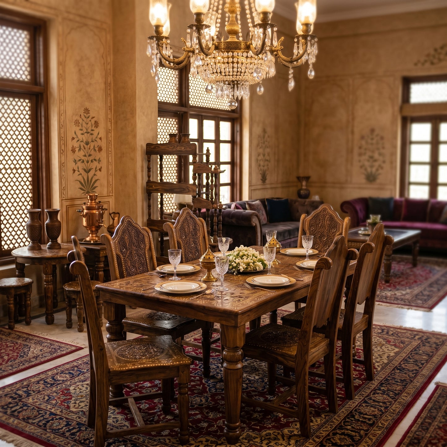 Luxury Hand Carved Wooden Dining Table Set with 6 Chairs – Premium Solid Wood Royal Dining Furniture