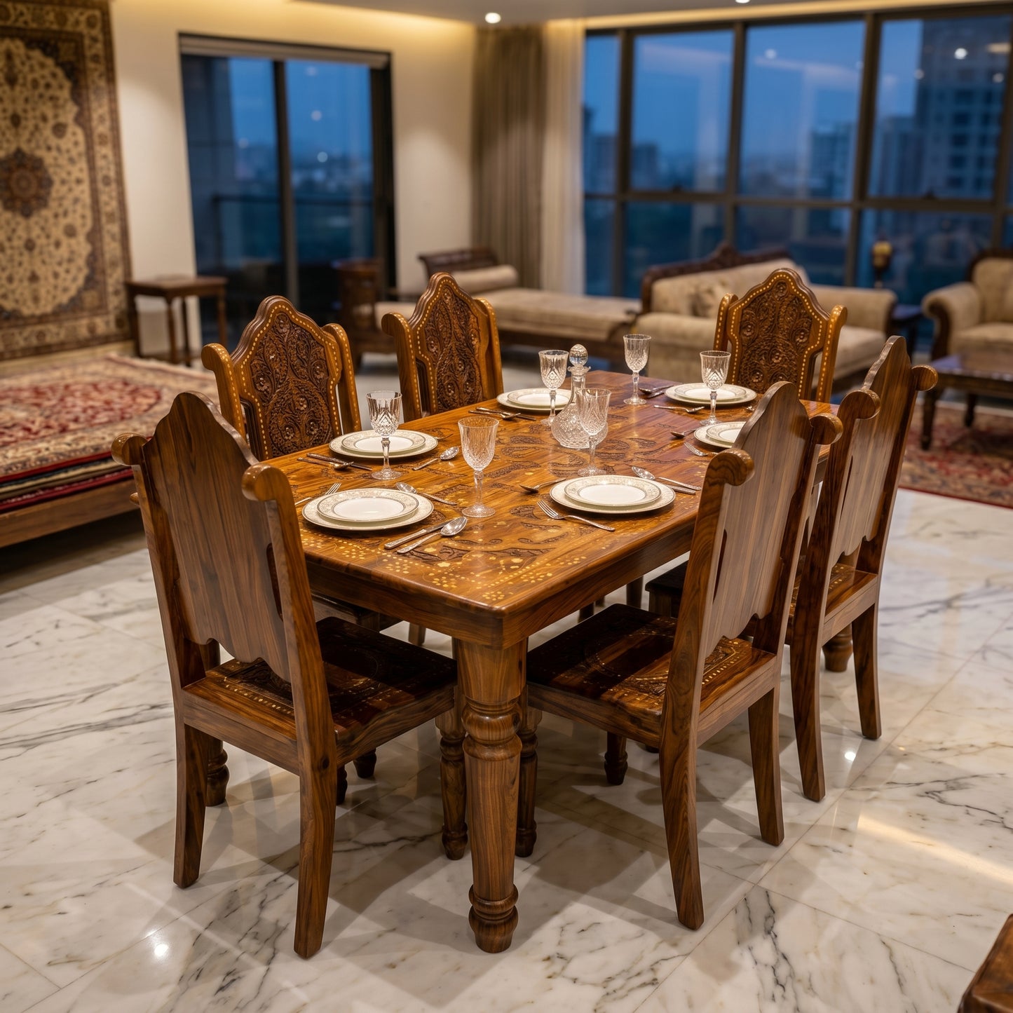 Luxury Hand Carved Wooden Dining Table Set with 6 Chairs – Premium Solid Wood Royal Dining Furniture